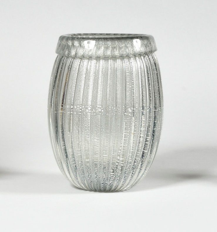 Null STEFANO TOSO (生于1958年) MURANO 银色镶边玻璃大卵形花瓶 已签名 高度: 28 cm- 宽度: 20 cm