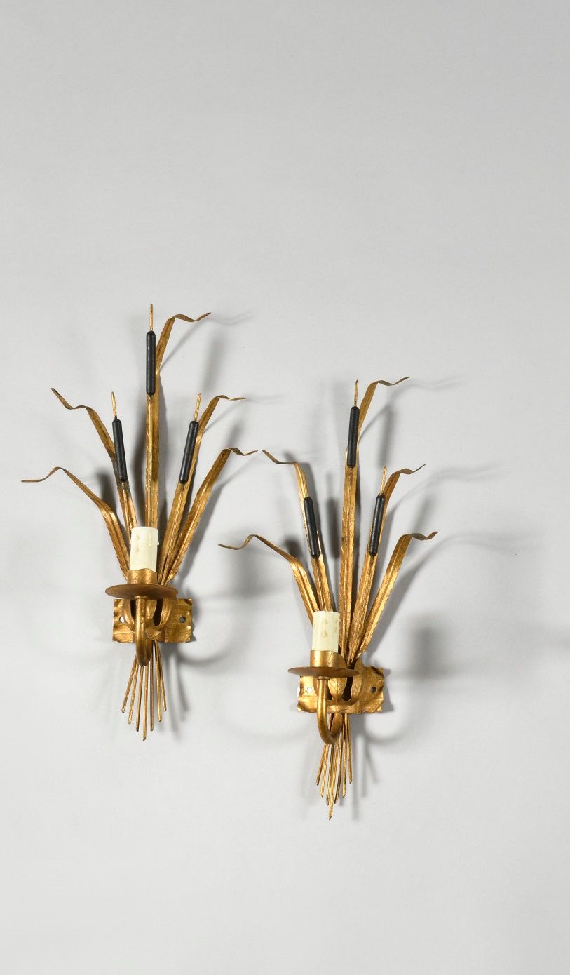 Null 1960年代意大利作品 "Joncs "一对镀金和铜化金属单臂灯高度：48厘米 - 宽度：23厘米