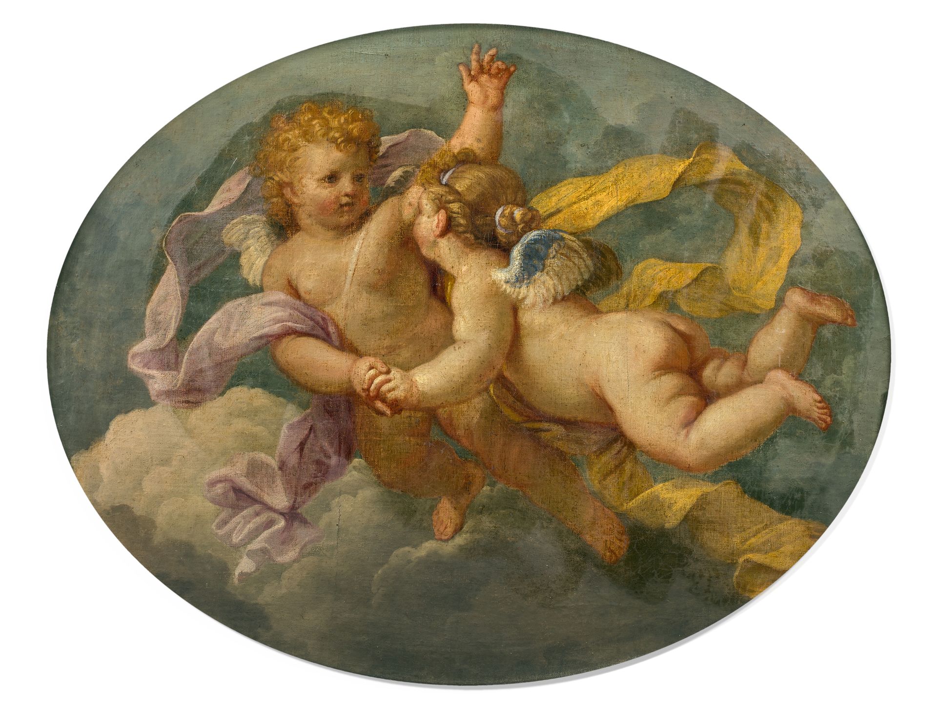 Null 儒瓦内（鲁昂1644年-巴黎1717年） 两只飞翔的普提人 椭圆形画布，18世纪鎏金木框架 高度：60.5厘米 宽度：75.5厘米 画布背面的墨水题词&hellip;