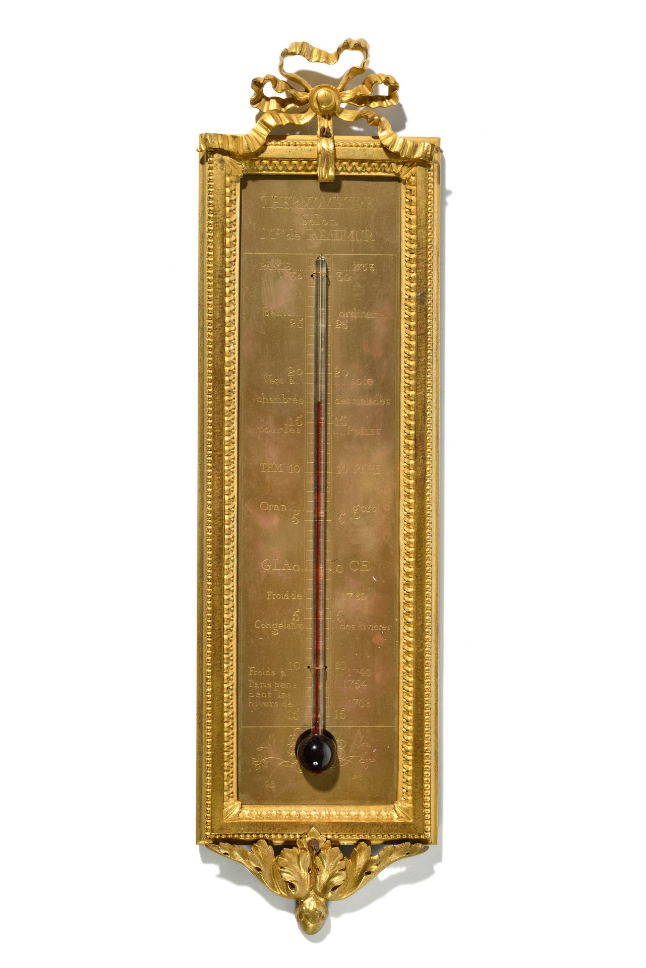 Null 鎏金铜和雕刻的黄铜温度计，框架有Rais-de-coeur和珍珠楣，顶部有一个丝带结，根据de Réaumur先生题写温度计。路易十六时期（修复）。高&hellip;