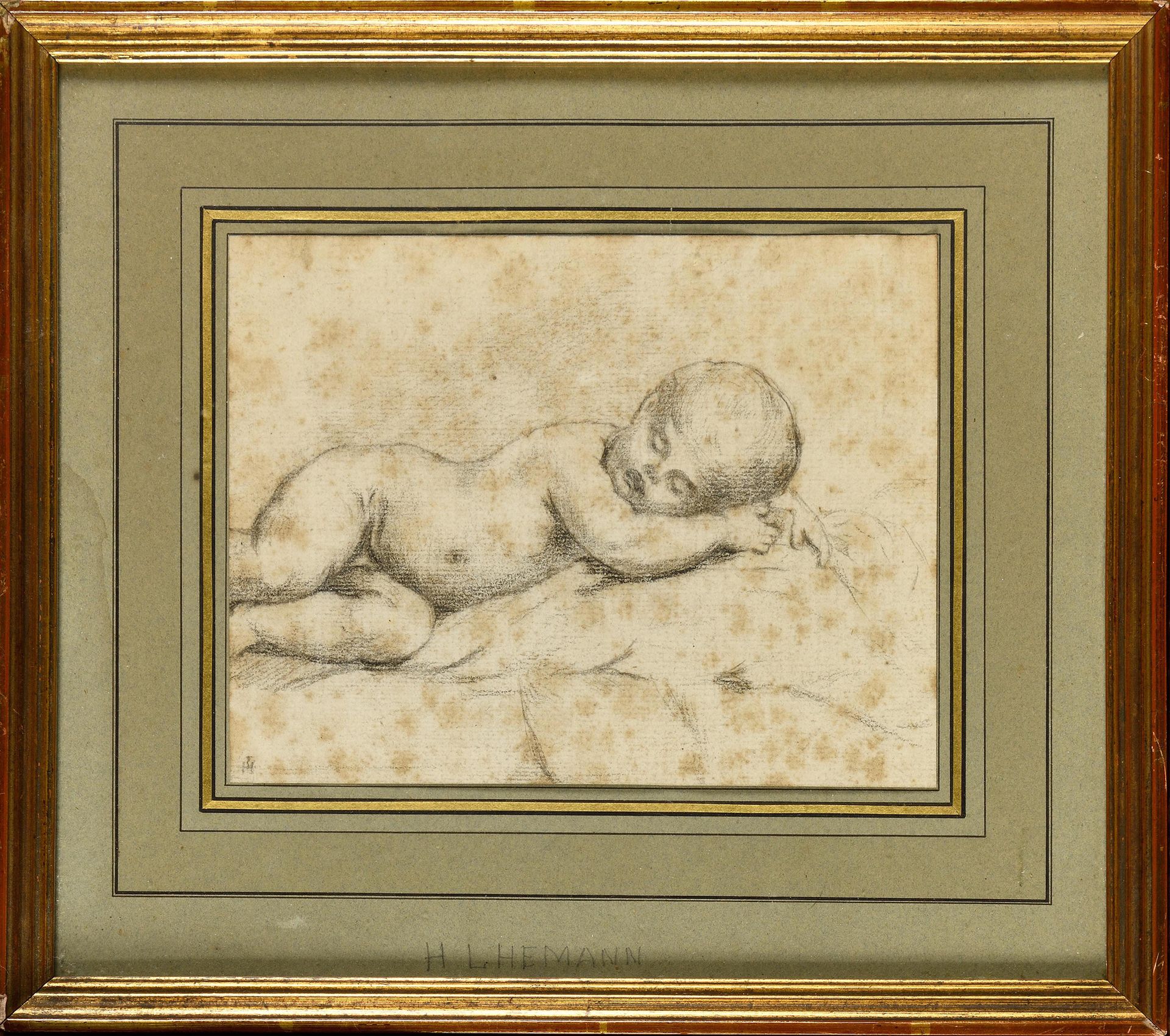Null HENRI LEHMANN (1814 - 1882) ATTRIBUE A Enfant endormi Dessin au crayon Haut&hellip;