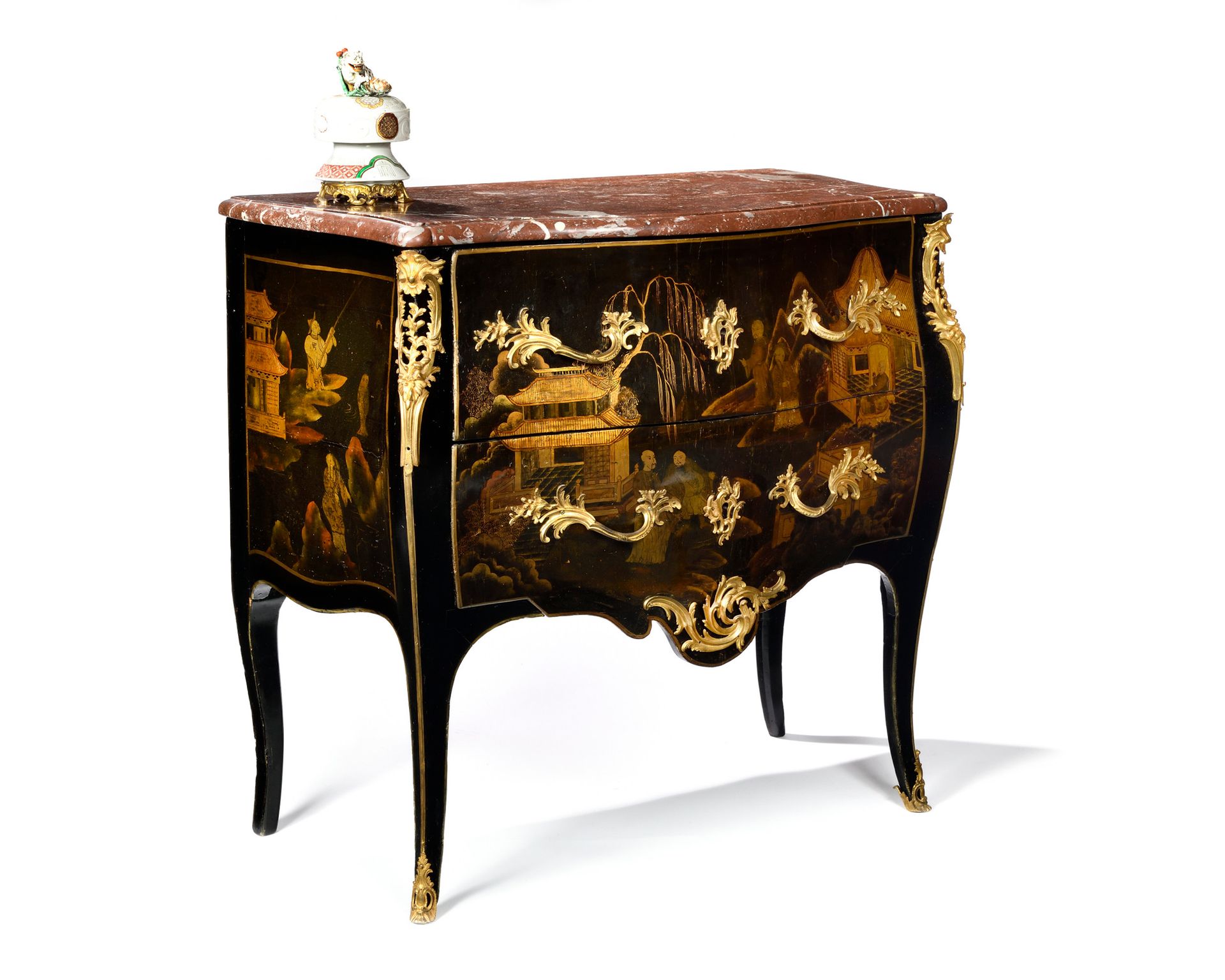Null A PARISIAN VERNISED COMMODE with two drawers, decorated with gold landscape&hellip;