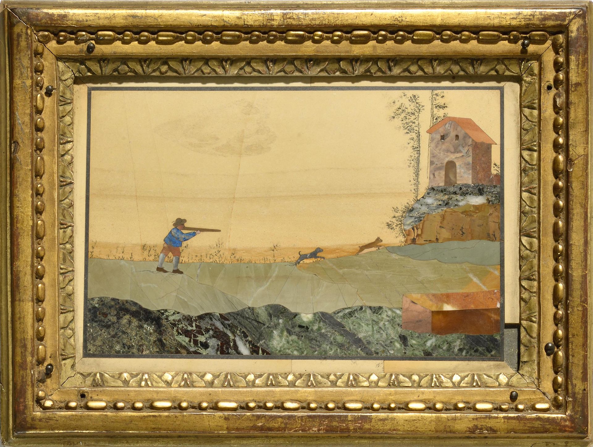 Null 一对饰有乡村风景的多色石制镶嵌板，装在鎏金木框中。19世纪。高：17.5厘米，宽：22.5厘米