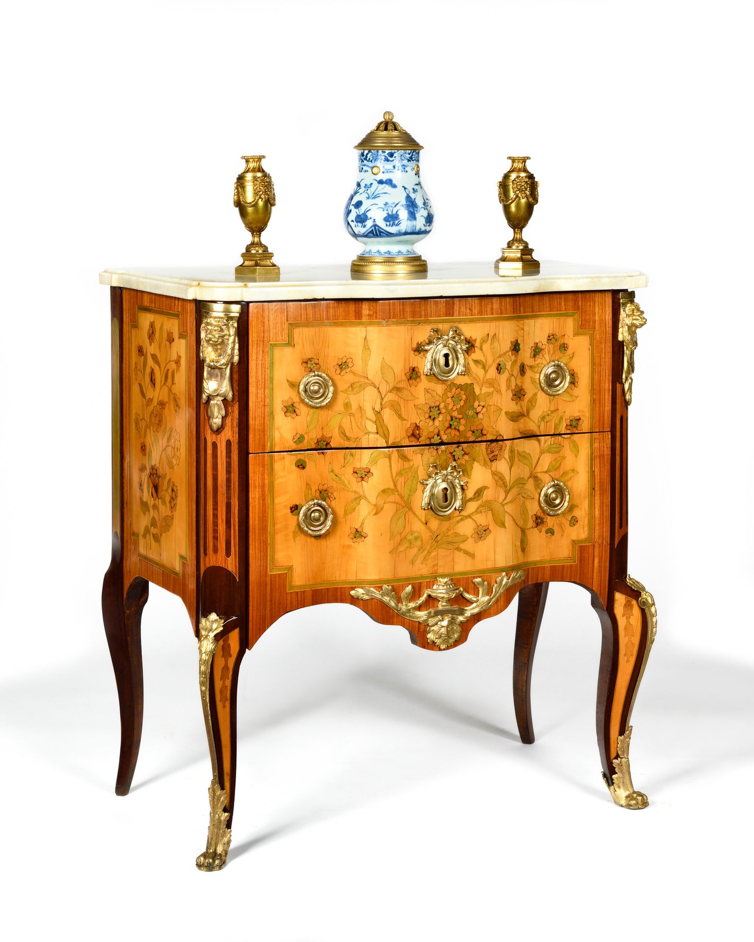 Null COMMODE in marquetry of flowers, the curved front opening to two drawers, t&hellip;