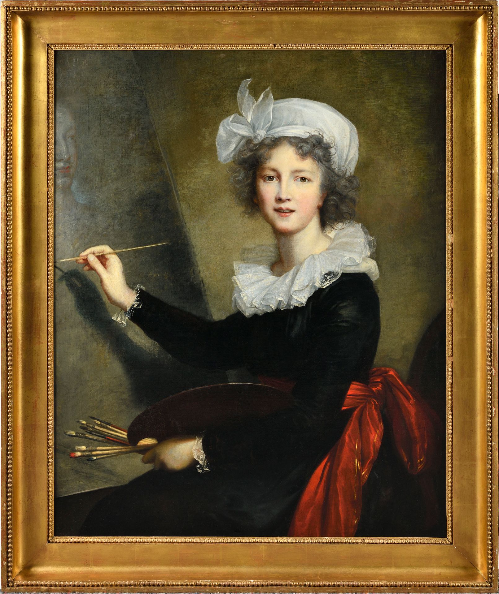 Null 19世纪法国画派，追随伊丽莎白-维热-勒布伦 1790年的调色板自画像 帆布 路易十六风格的镀金木框 高度：100厘米 宽度：81厘米 旧的修复 我们&hellip;