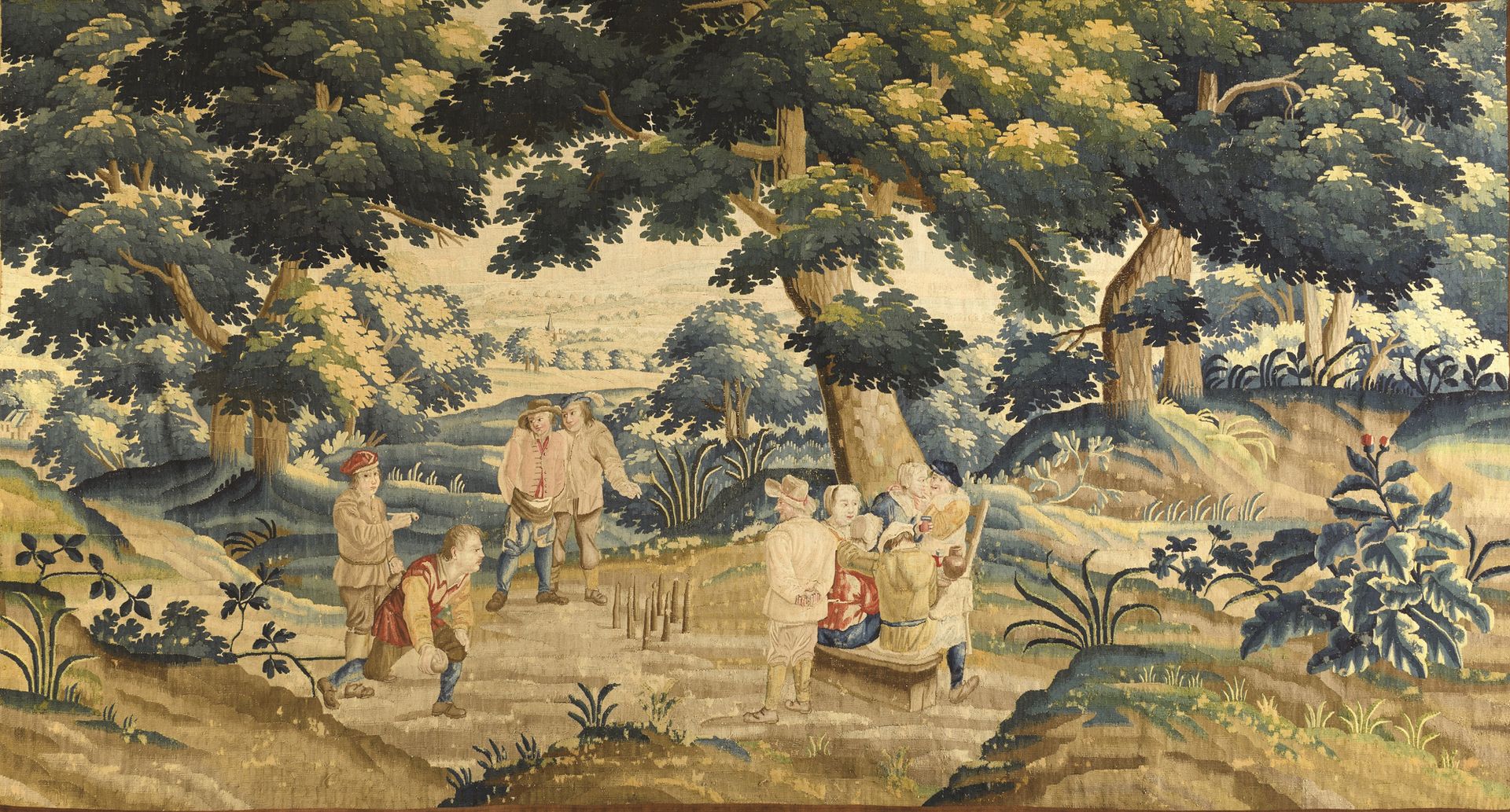 Null Audenarde挂毯（佛兰德斯）17世纪下半叶，羊毛和丝绸。 小大卫-泰尼尔斯之后的纸盒，布列塔斯选手。 森林中的保龄球游戏的村庄场景，有十个非常丰&hellip;