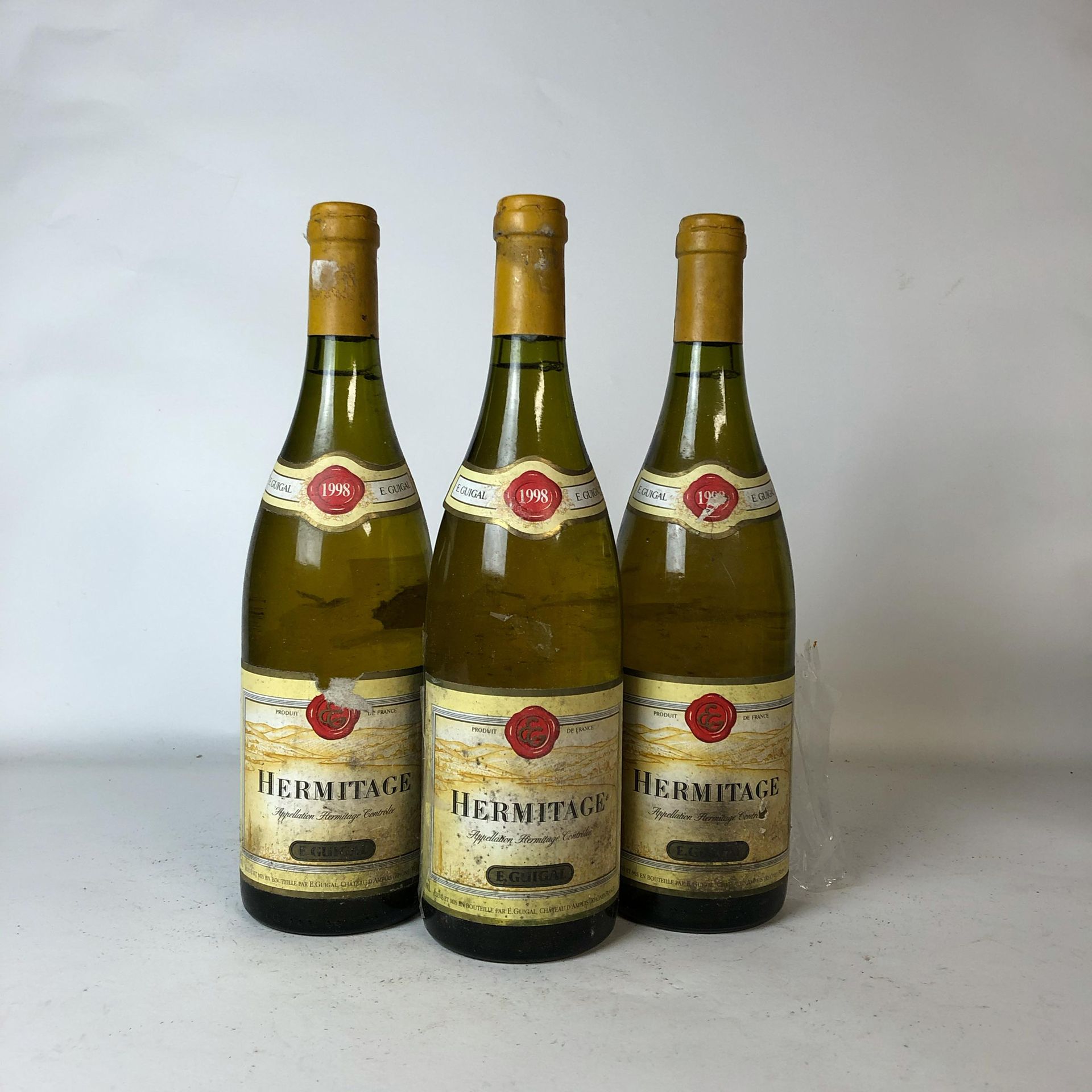 Null 3 bottiglie HERMITAGE 1998 E.Guigal (etichette e collari d'epoca sporchi, s&hellip;