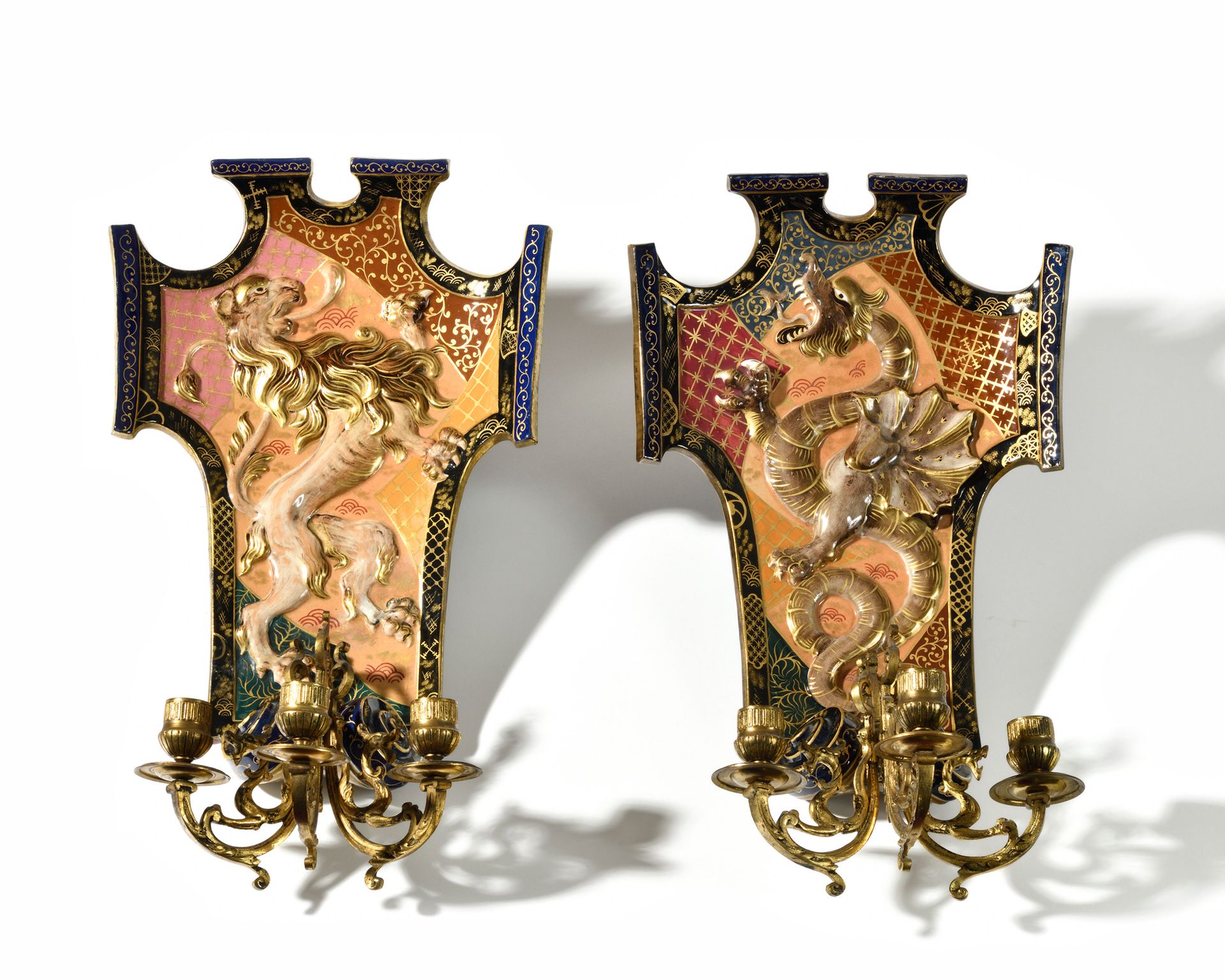 Null GALLE NANCY Rare pair of sconces in polychrome enamelled earthenware with a&hellip;