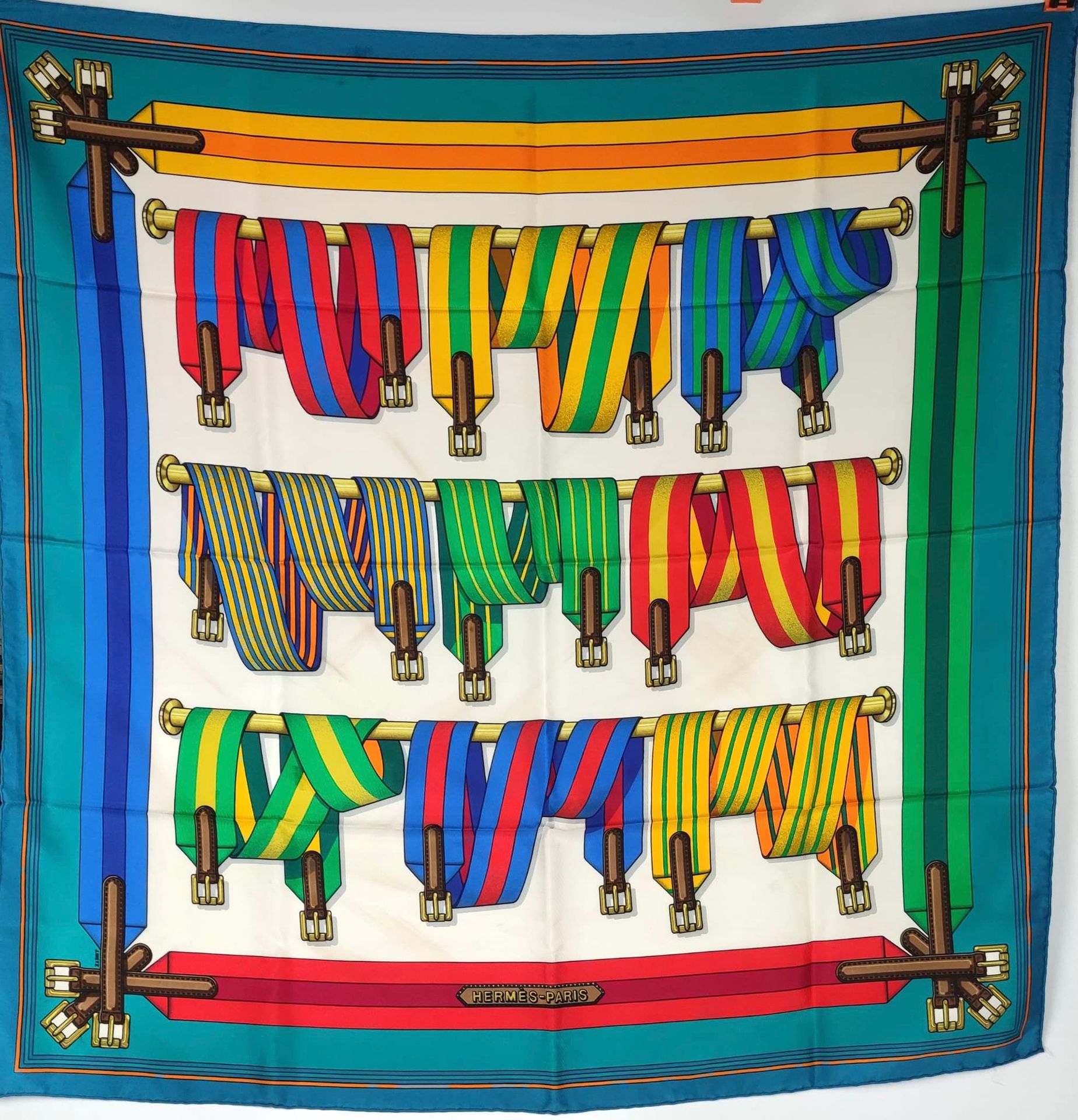 Null HERMES Silk scarf with colored straps decoration. Box. Stains.