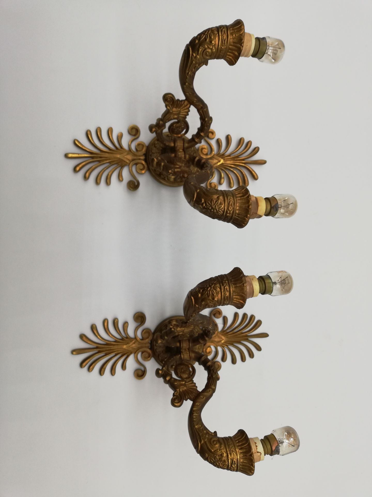 Null PAIRE D'APPLIQUES en bronze doré à deux bras de lumières et décors de palme&hellip;