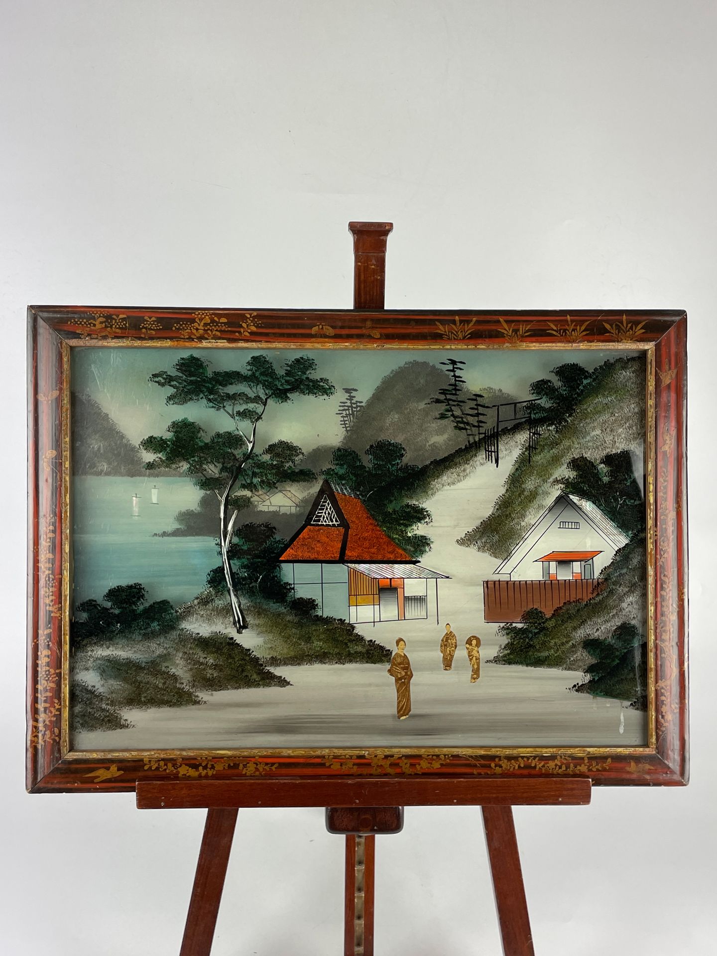 Null 中国 一对玻璃下固定的湖泊风景画。原有的框架。19世纪。34 x 49厘米。