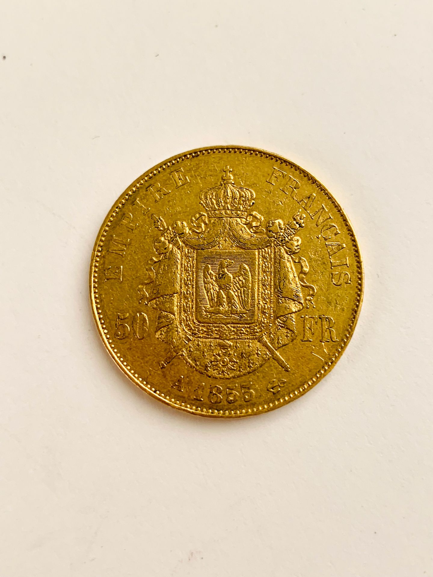 Null 1 50-Fr.-Goldmünze 1855, Paris, Napoleon III., barhäuptig, signiert BARRE. &hellip;