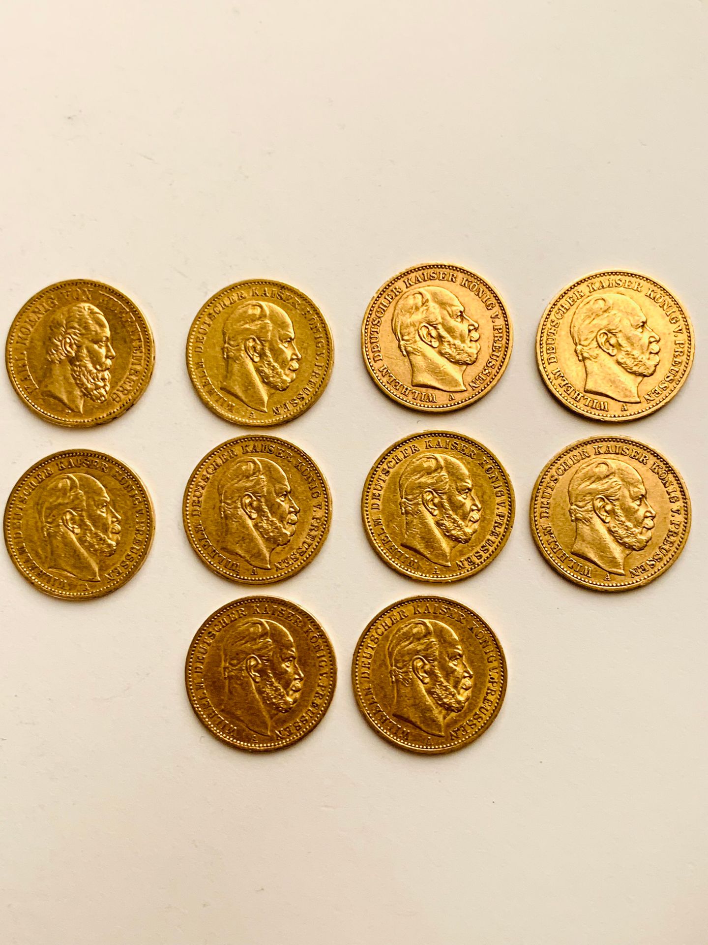 Null 10枚金币，20马克，1872，1873，1876，1879，1886，1887，1888，（普鲁士），900/1000。重量：79.33克