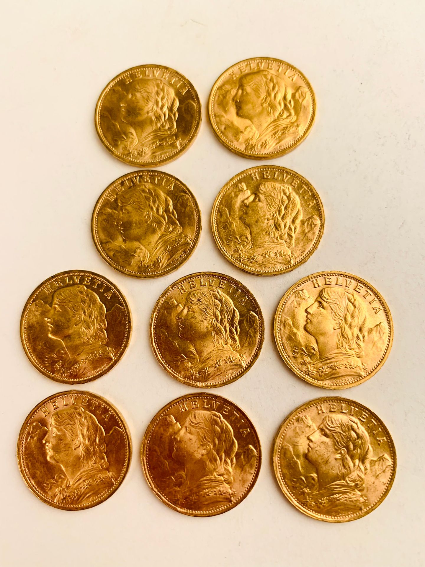 Null 10 MÜNZEN 20 Frs Gold, Schweiz. 1930, 1935, Gewicht: 64.59 gr