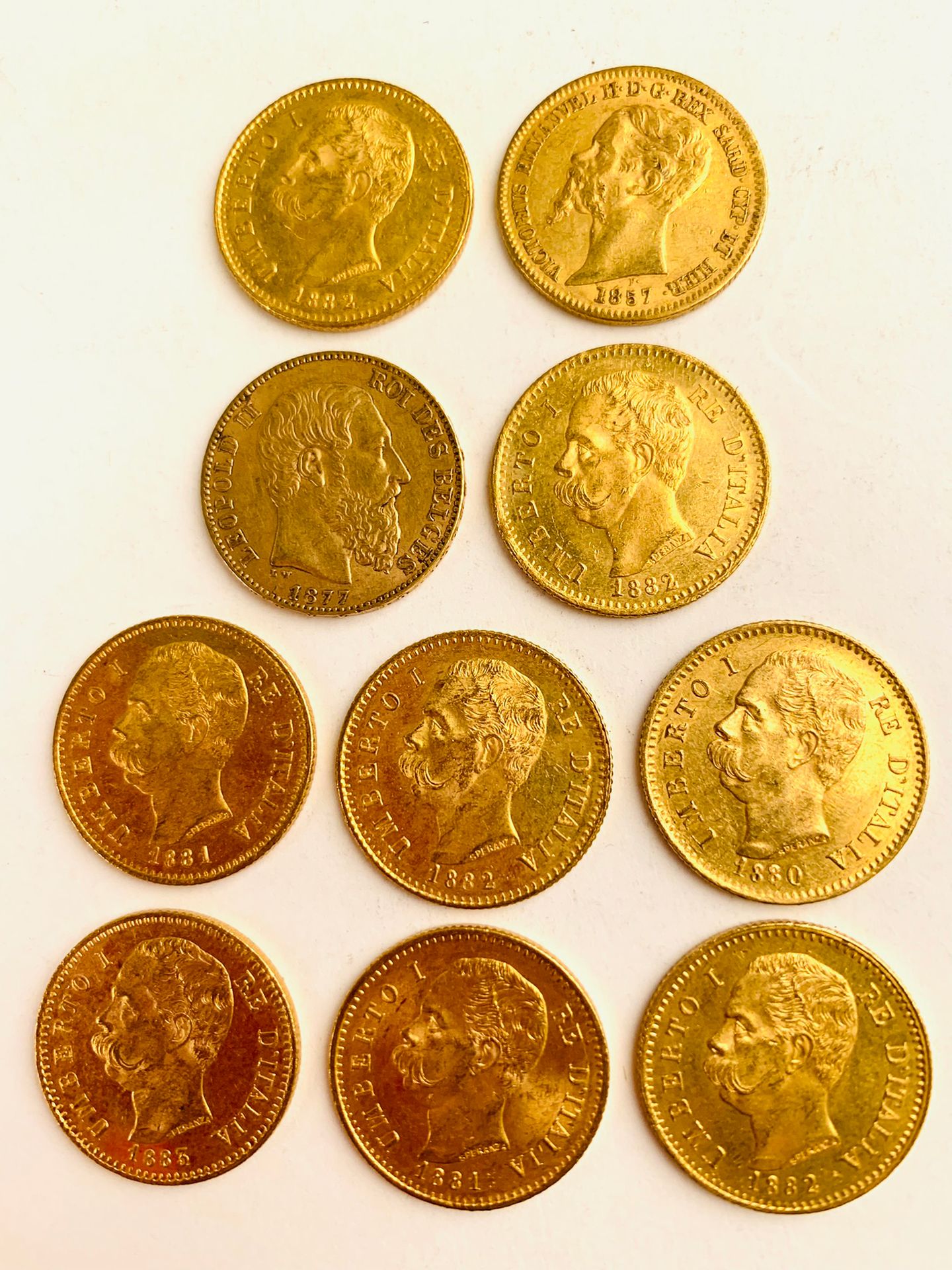 Null 10件 20里拉黄金，意大利。1857, 1877, 1880, 1881, 1882, 1883, 重量：64.51克
