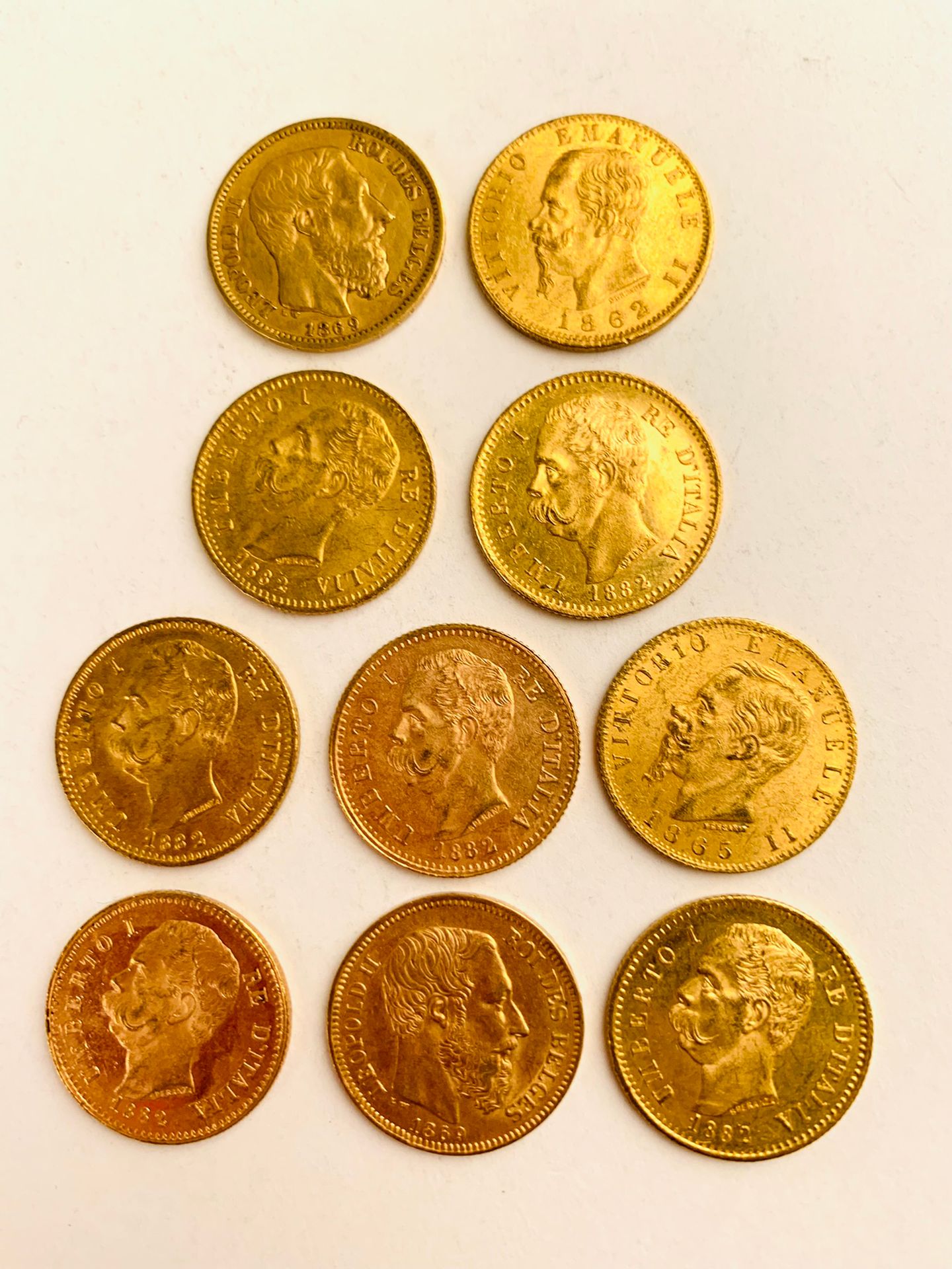 Null 10 MÜNZEN 20 Lire Gold, Italienisch. 1862, 1865, 1869, 1882, Gewicht: 64.46&hellip;