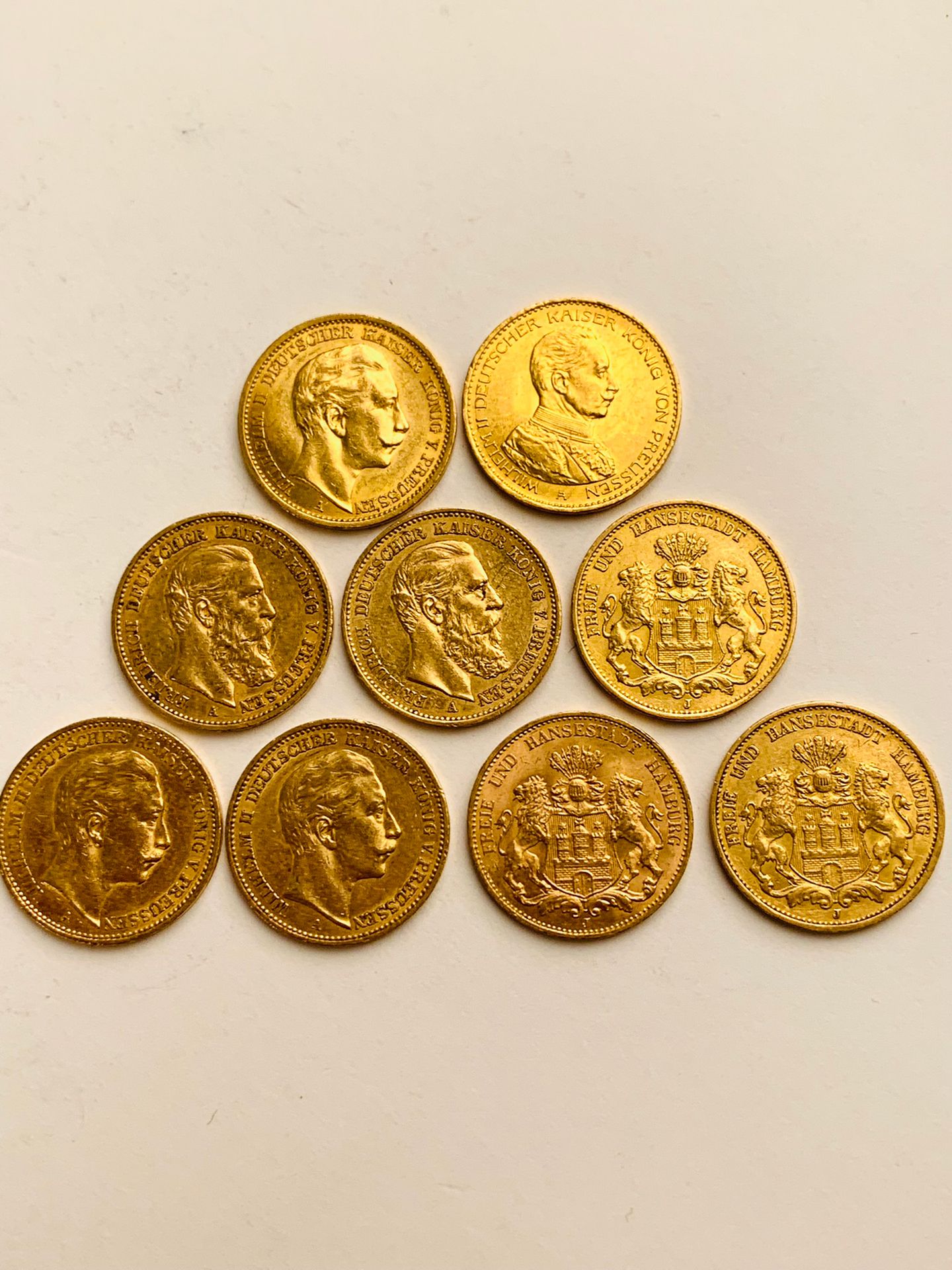 Null 9 PIECES of gold, 20 Marks, 1184, 1888, 1898,1899, 1908, 1813, 1914, (Pruss&hellip;