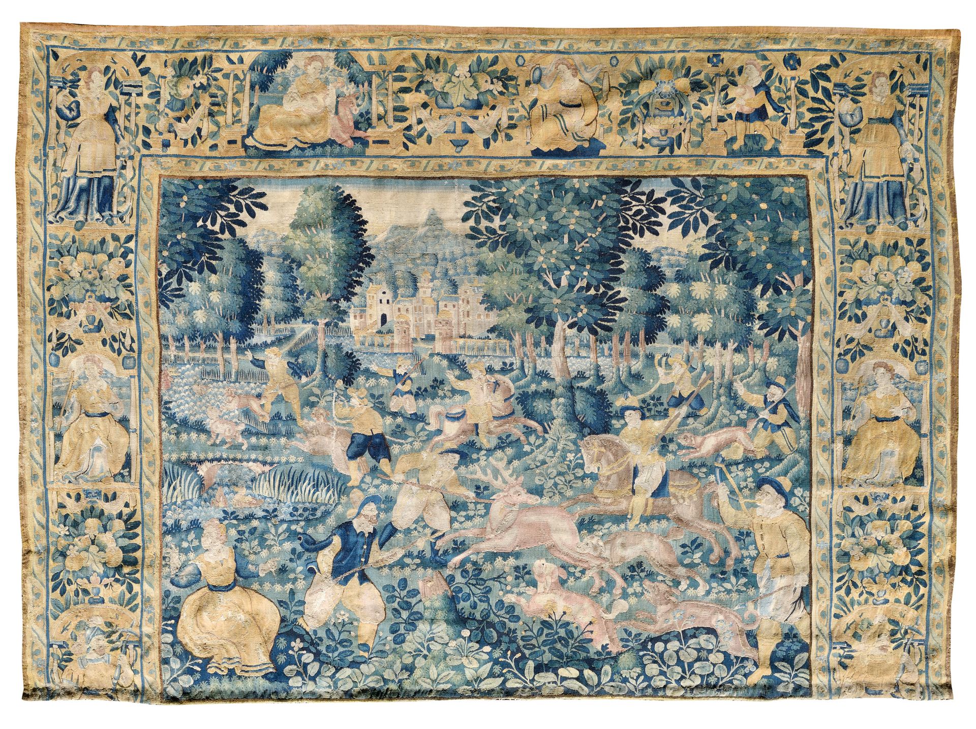 Null 
芙兰朵斯 

重要的Oudenaarde挂毯 

约1580年的羊毛和丝绸 



雄鹿狩猎 在中心，一只雄鹿被狗和猎人包围着，从远处看是一座有美丽&hellip;