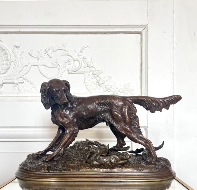 Null Jules MOIGNIEZ (1835-1894) Spaniel and hare Lost wax bronze with brown pati&hellip;