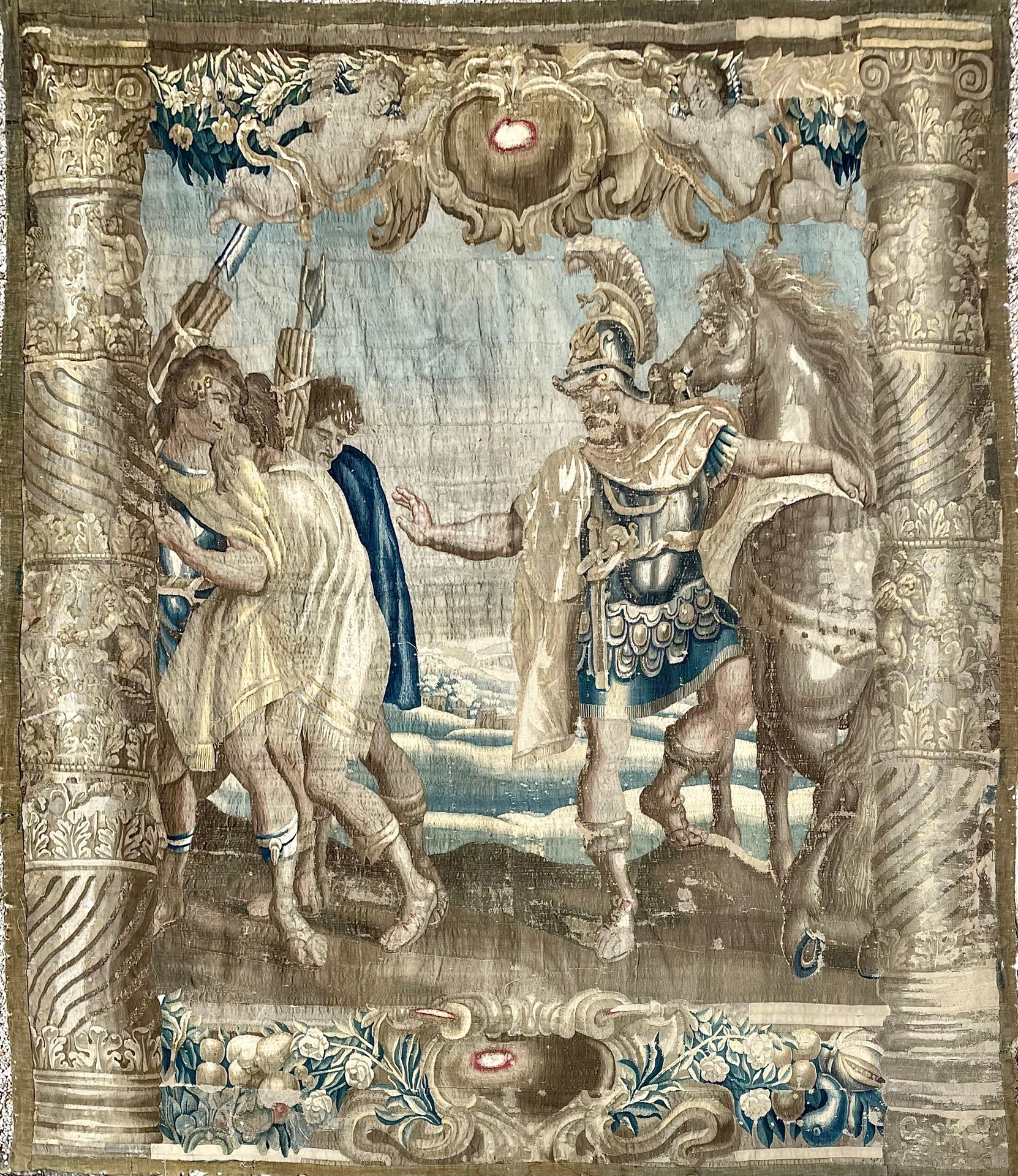 Null FLANDERS 重要而精美的布鲁塞尔挂毯 丝绸和羊毛 美丽的柱子框架（布鲁塞尔挂毯的典型） 美丽的边框，有多色的水果、花和树叶的花环。17世纪中叶 &hellip;