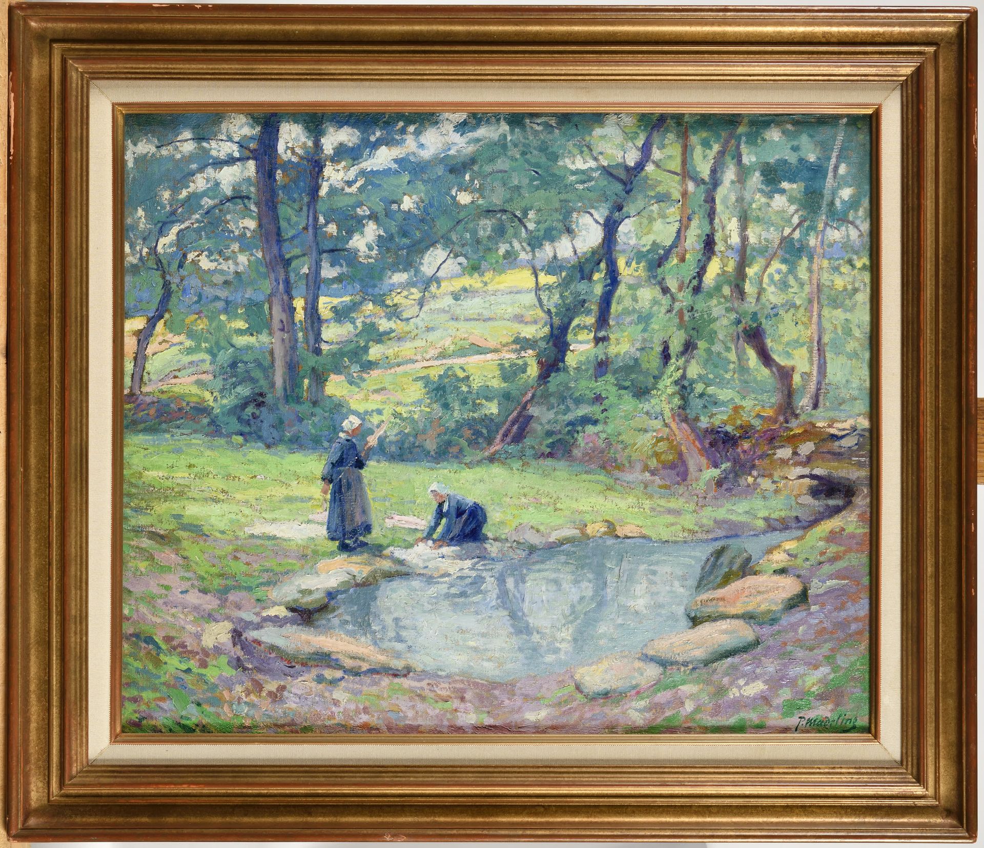 Null PAUL MADELINE (1863-1920) Les lavandières en Bretagne Oil on canvas Signed &hellip;