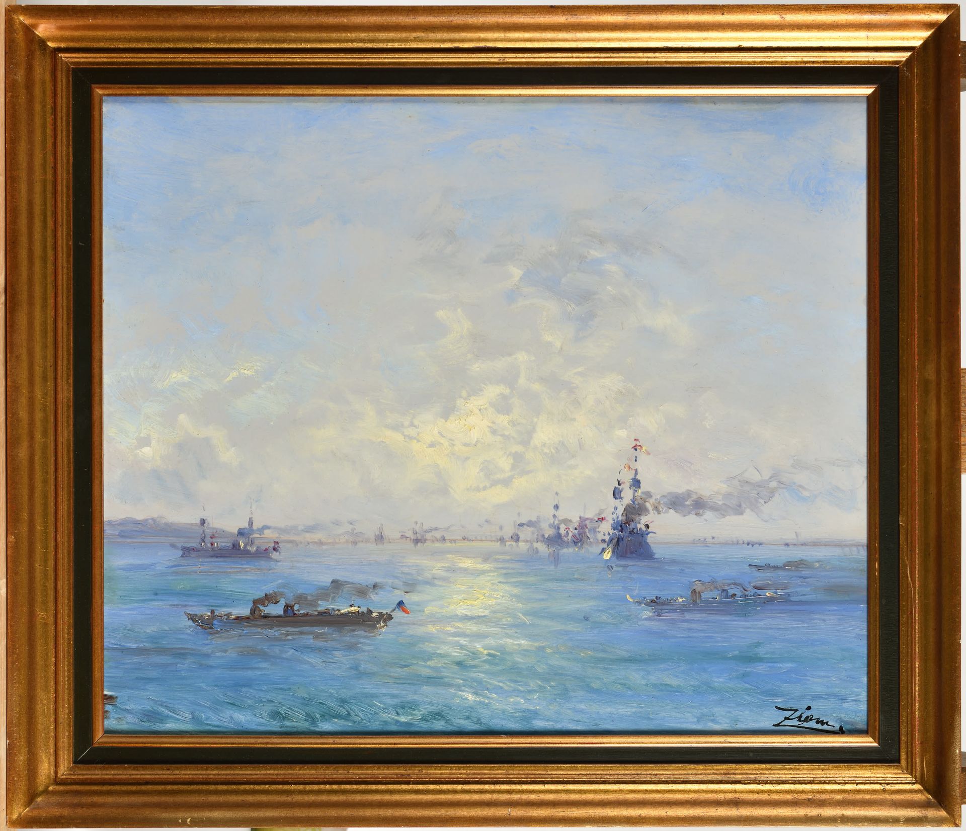 Null FELIX ZIEM (1821-1911) Navires dans la rade de Toulon Olio su tavola firmat&hellip;
