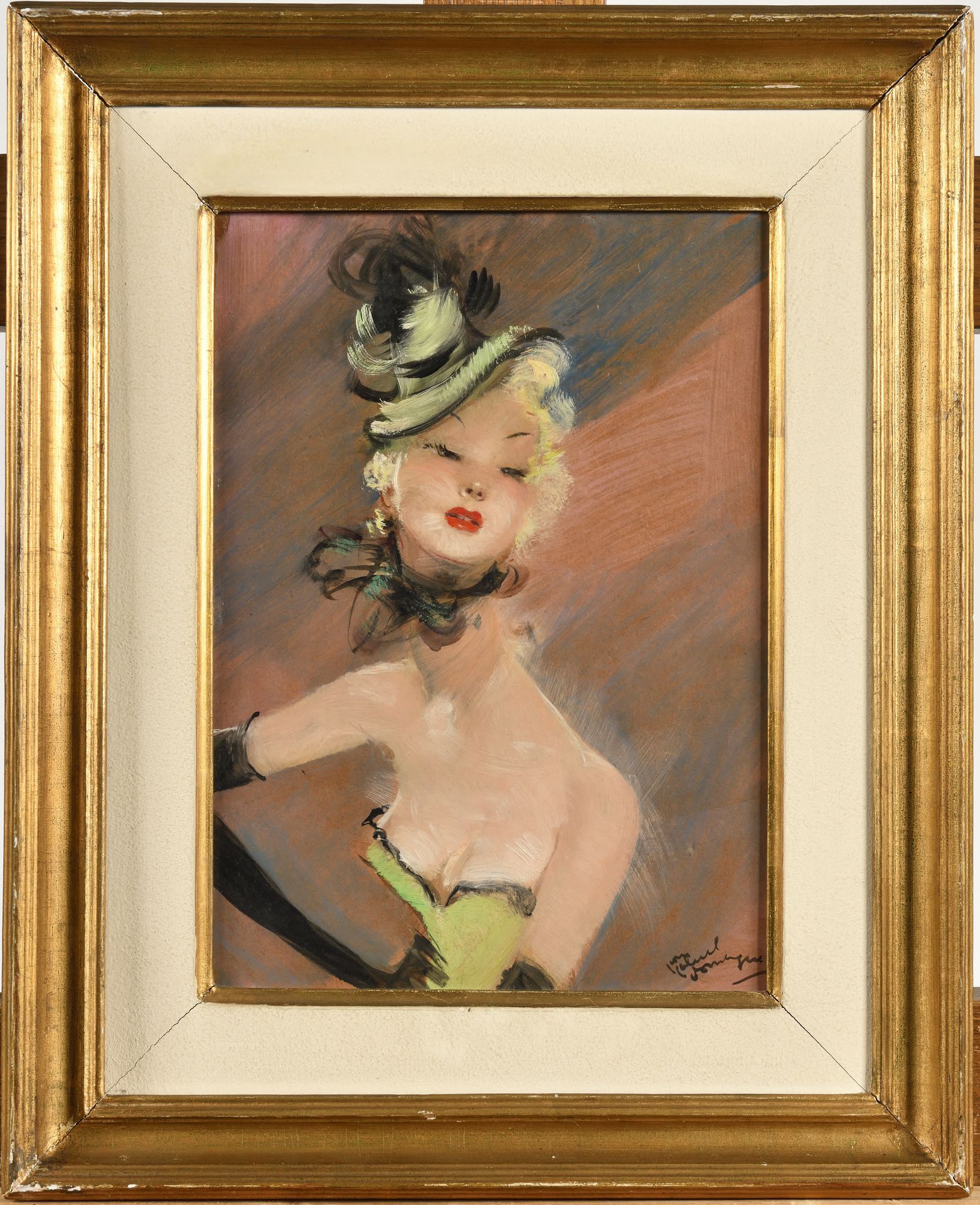 Null JEAN-GABRIEL DOMERGUE (1889-1962) Elégante en robe et bibi vert Isorel上的油彩，&hellip;