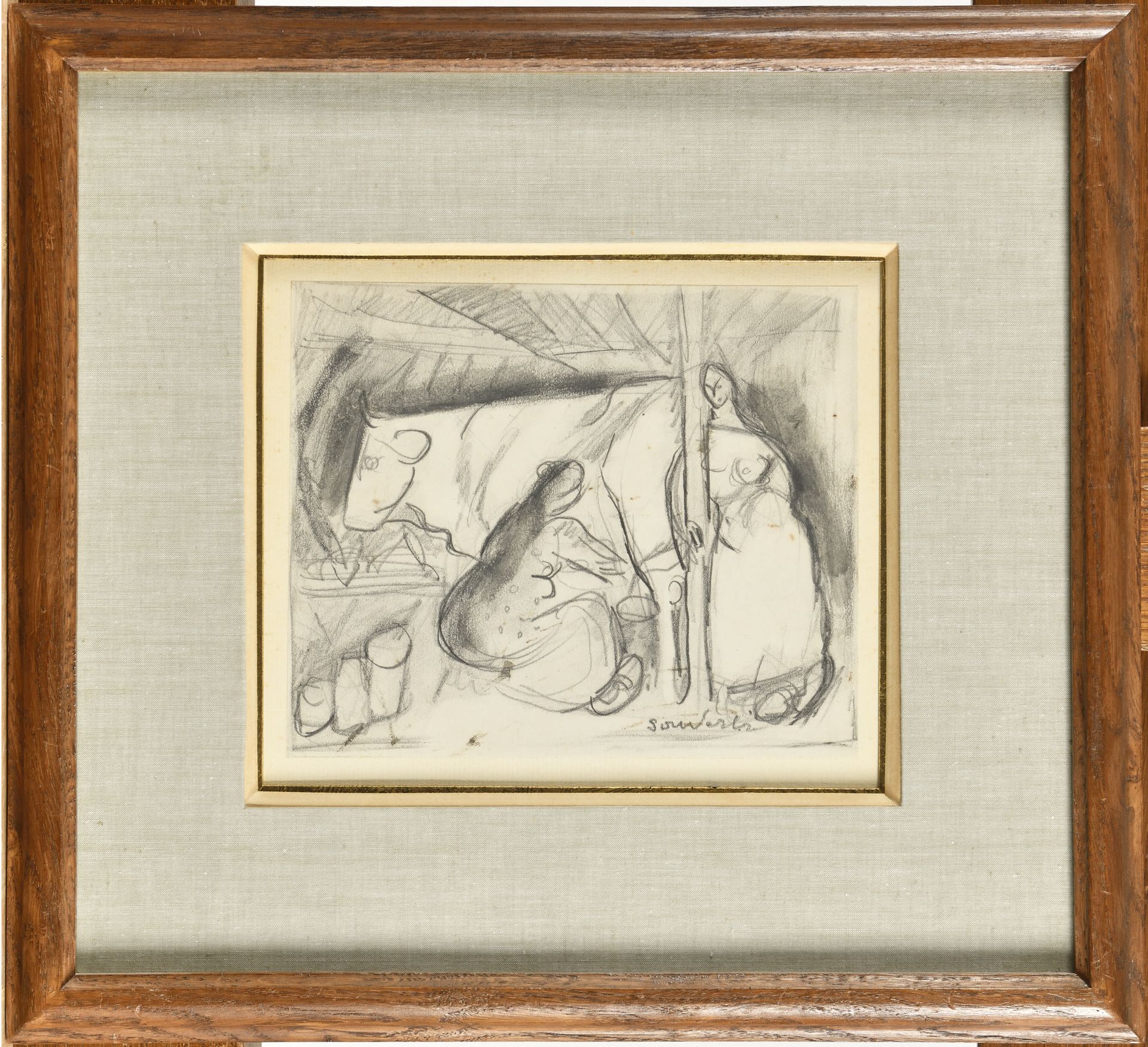 Null JEAN SOUVERBIE (1891-1981) L’étable Dessin au crayon gras et à l’estompe Si&hellip;