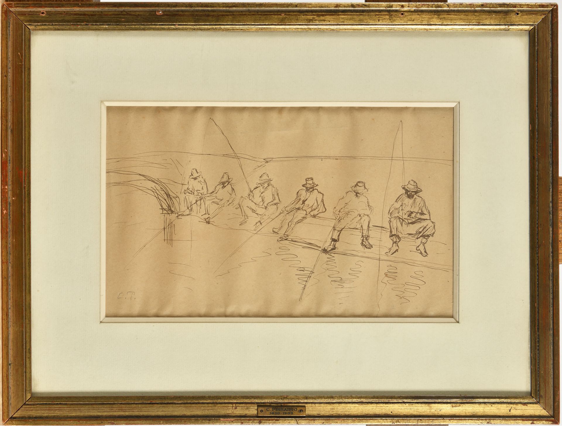 Null CAMILLE PISSARRO (1830-1903) Pêcheurs à la ligne Tinte auf Papier Signiert &hellip;