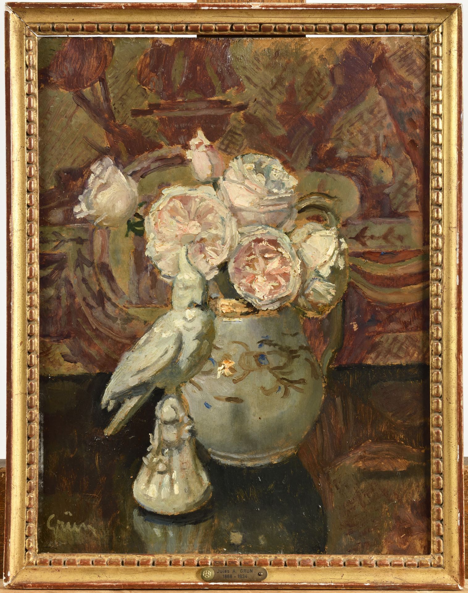 Null JULES ALEXANDRE GRÜN (1868-1934) Bouquet de fleurs et ara Olio su tavola fi&hellip;