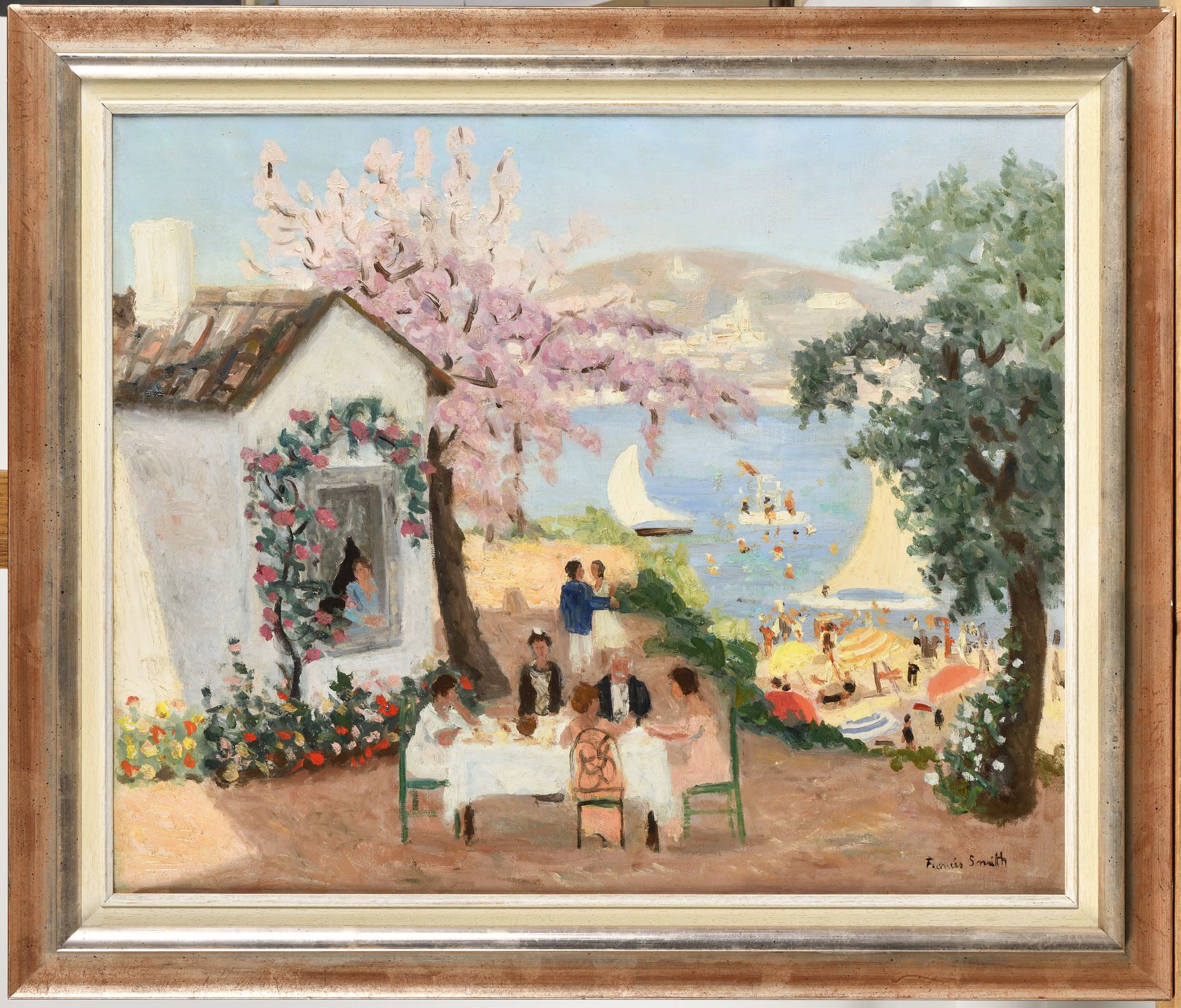 Null FRANCIS SMITH (1881-1961) Casa con vista sulla spiaggia Olio su tela Firmat&hellip;