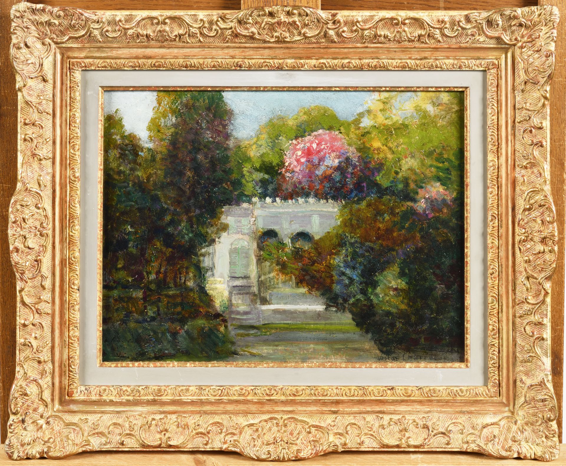 Null VICTOR CHARRETON (1864-1936) Jardin à Alger Olio su tavola Firmato in basso&hellip;