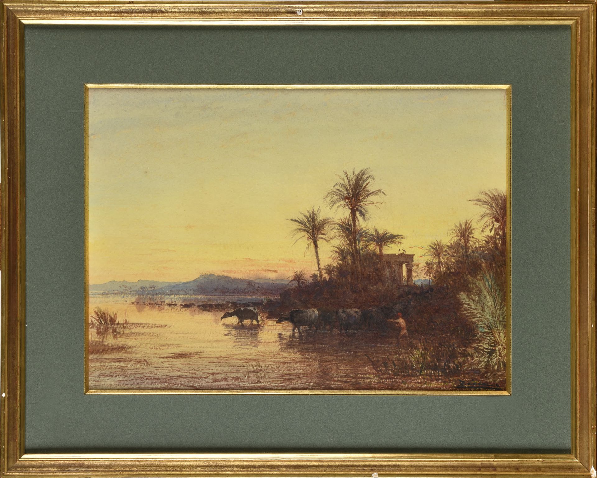 Null FELIX ZIEM (1821-1911) Troupeau s’abreuvant au bord du Nil Aquarelle Signé &hellip;