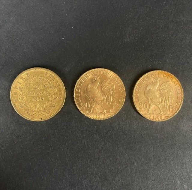 Null 
FRANCIA

3 monete da 20 franchi oro (una di Napoleone III e due di Mariann&hellip;