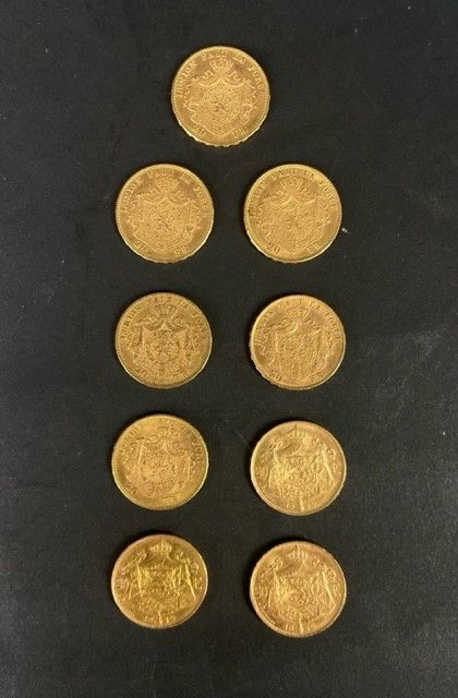 Null 
BELGIO (Regno di)

9 monete da 20 franchi d'oro :

-6 Monete da 20 franchi&hellip;