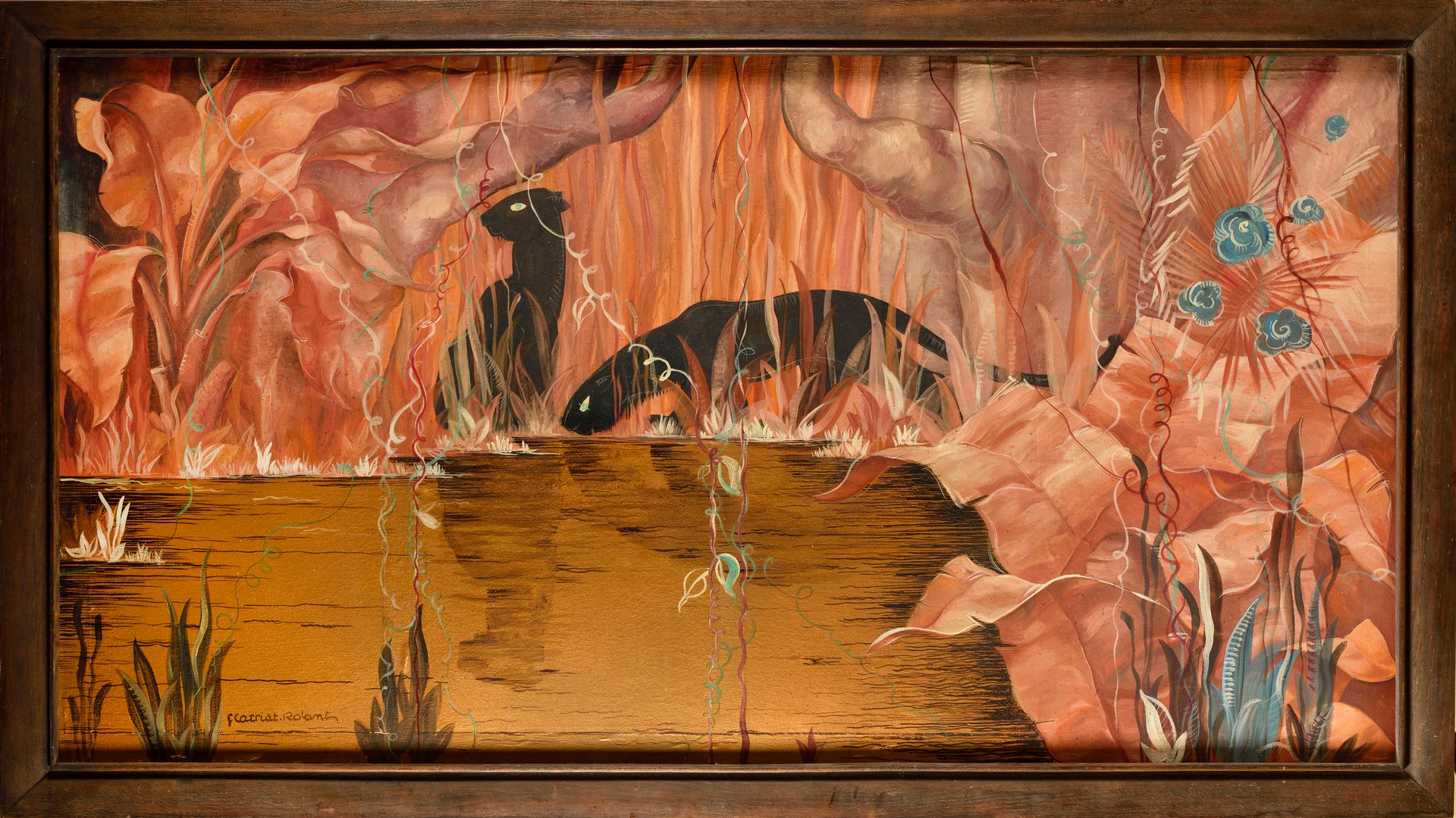 Null GABRIEL CARRIAT- ROLANT (19-20世纪) 黑豹饮酒 布面油画 左下方签名 108 x 203.5 cm