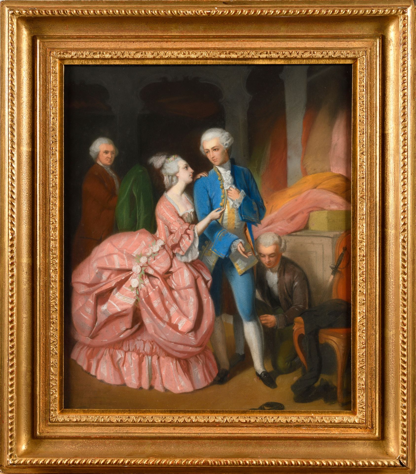Null 19世纪学校 绅士在优雅女人的注视下的打扮。纸板上的粉笔画，玻璃下的框架。19世纪 48 x 41厘米