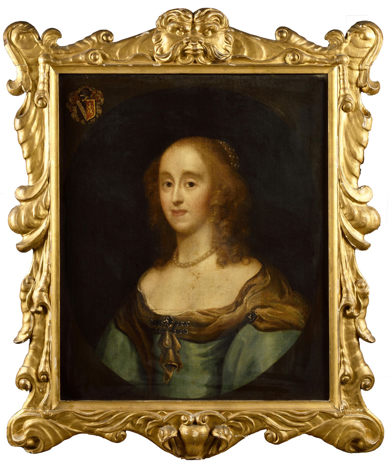 Null 
17世纪的英国学派。韦滕霍尔家族的祖先贝丁费尔德女士的肖像。 椭圆形的布面油画，上面装饰着家族的纹章。72 x 60厘米。雕刻和镀金的木框，带有17&hellip;