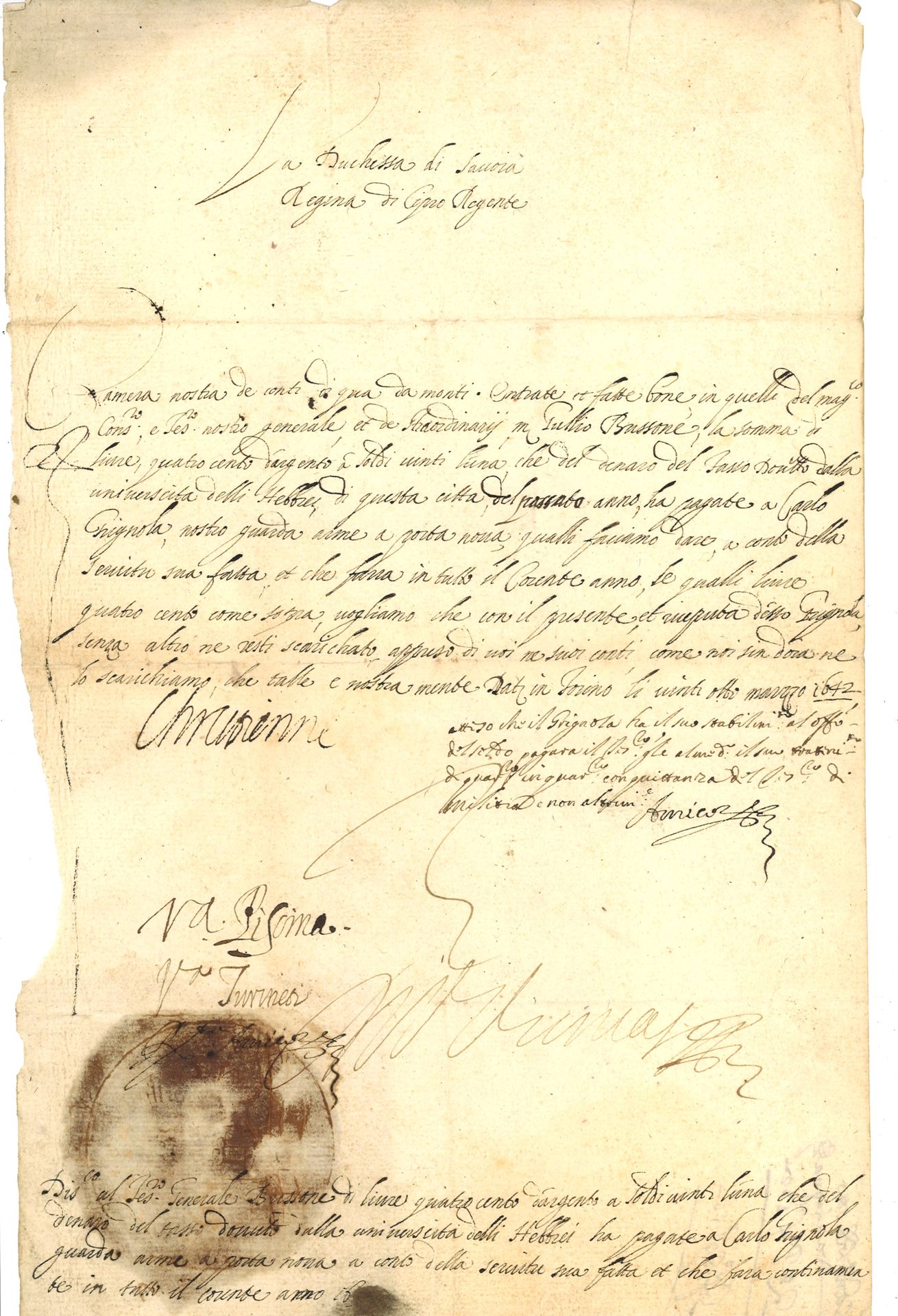 Null 萨沃伊(Crétienne de France，公爵夫人)。有签名的文件，有几个会签和一个使徒，致皮埃蒙特会计院。都灵，1642年3月28日。1页对开&hellip;