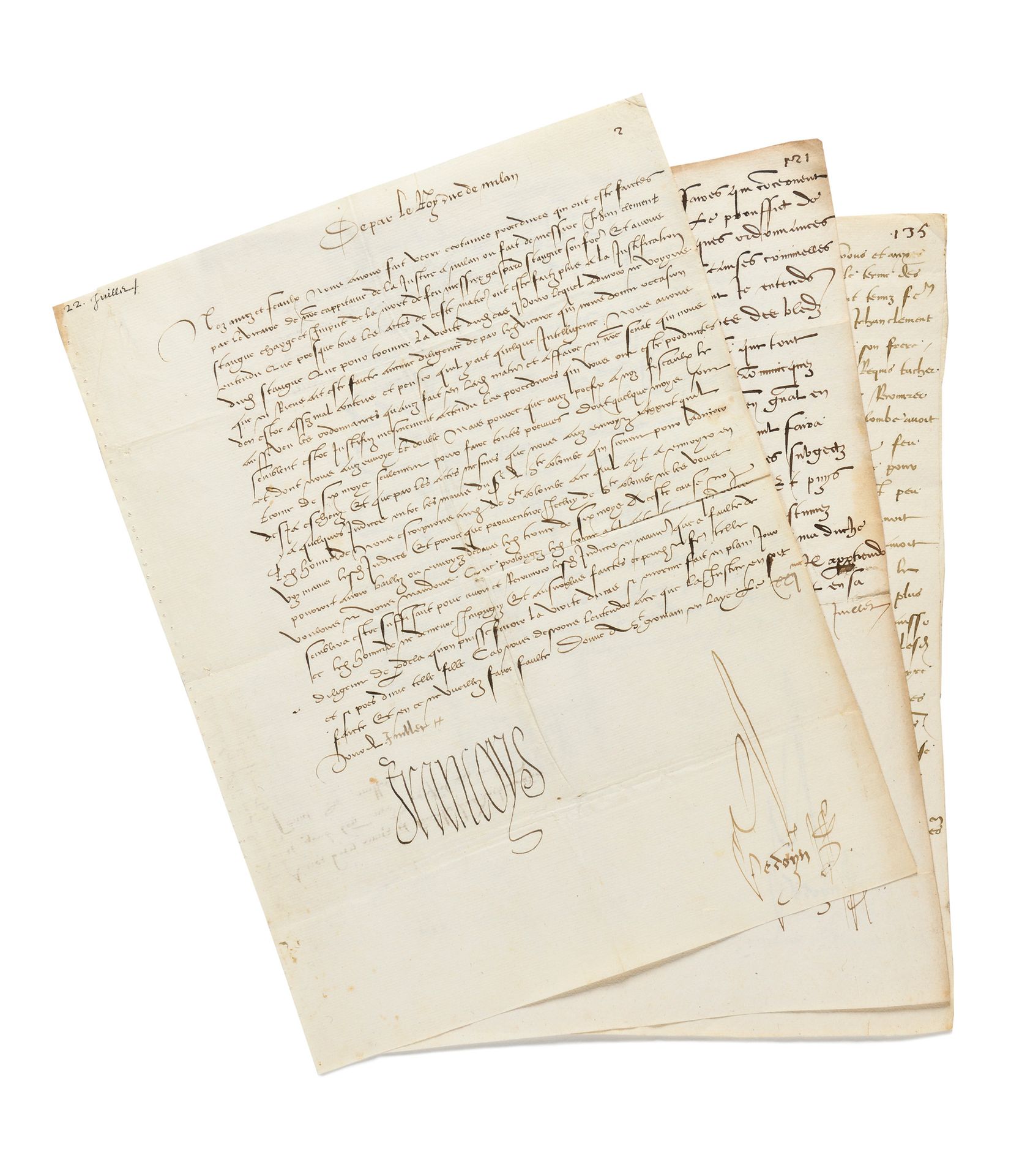 Null 弗朗索瓦一世，3封署名为 "Françoys "的信，其中2封由他的秘书罗伯特-盖多恩副署，1封由他的秘书尼古拉-德-诺伊夫维尔副署，写给米兰的副校长&hellip;