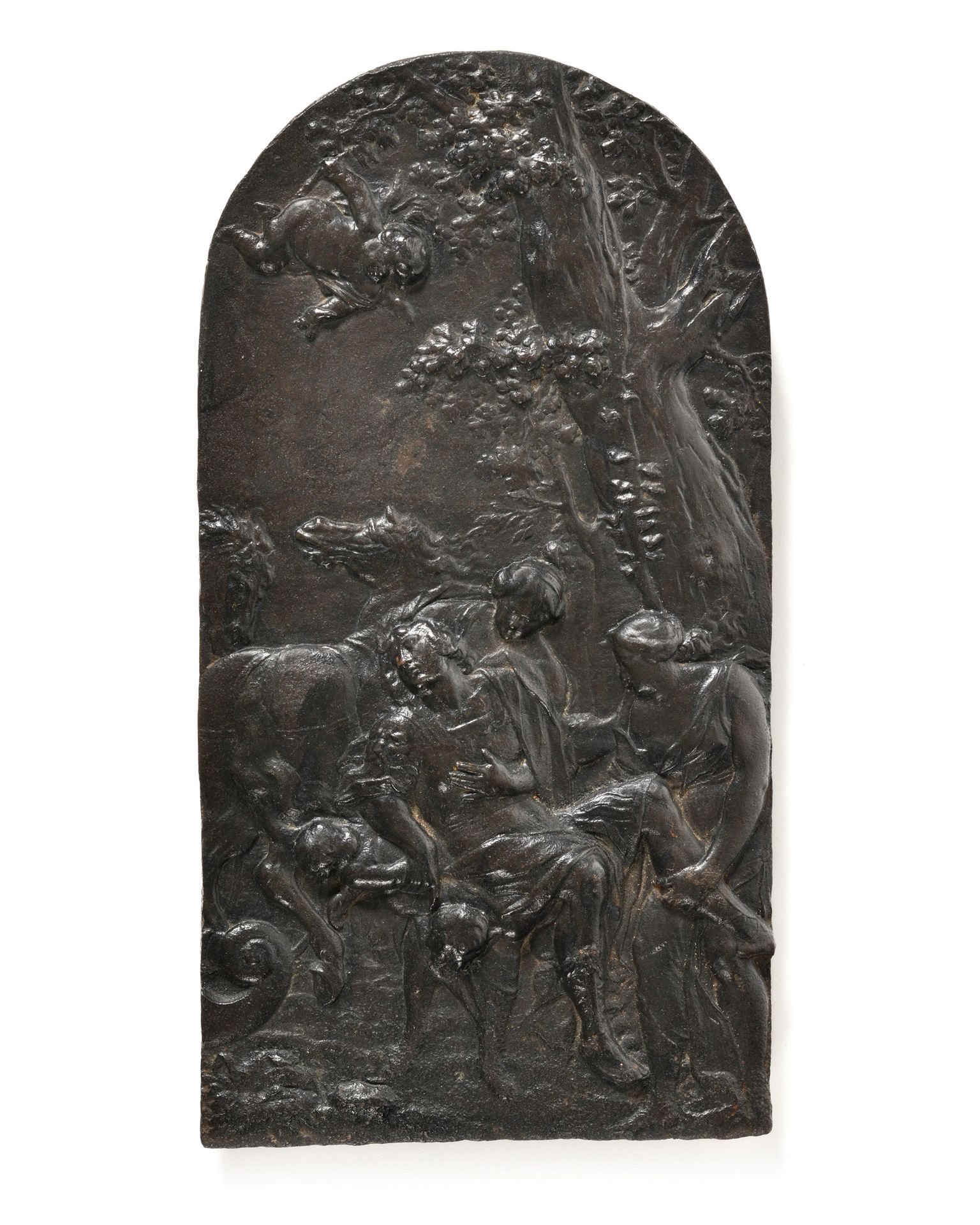 Null "希波吕之死 "带铜锈的铸铁板。 44 x 23厘米。 背面有一个旧的拍卖行标签和一个标签 "Coustou - Mise de Pompadour &hellip;