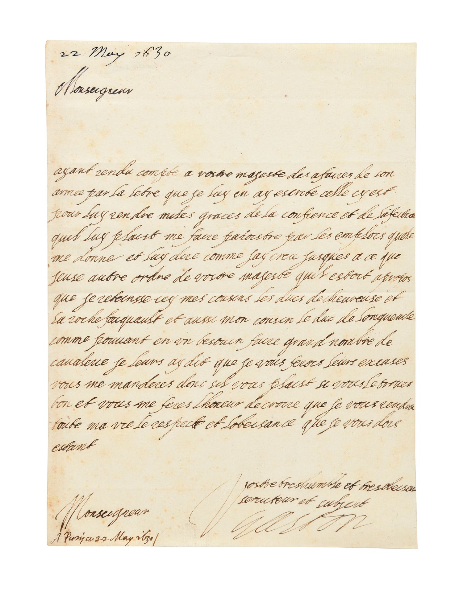 Null ORLÉANS（Gaston d'）。签名为 "Gaston "的亲笔信给他的兄弟路易十三国王。巴黎，1630年5月22日。1页，4开本，背面有地址，&hellip;