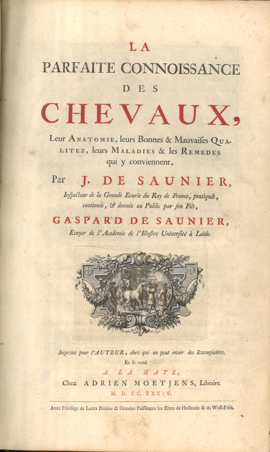 Null SAUNIER (Jean et Gaspard de). La Parfaite connoissance des chevaux. Imprimé&hellip;