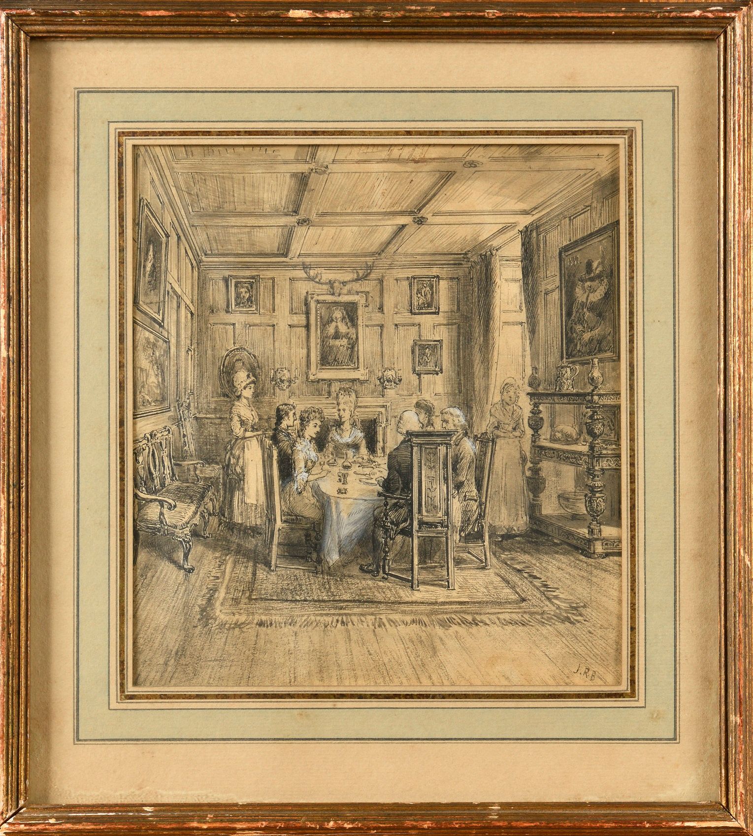 Null "À TABLE !路易十六时期的室内场景。绘画，黑色铅笔和钢笔，用水粉颜料加强。底部有A.J.R.B的字样，在玻璃下。18世纪晚期。