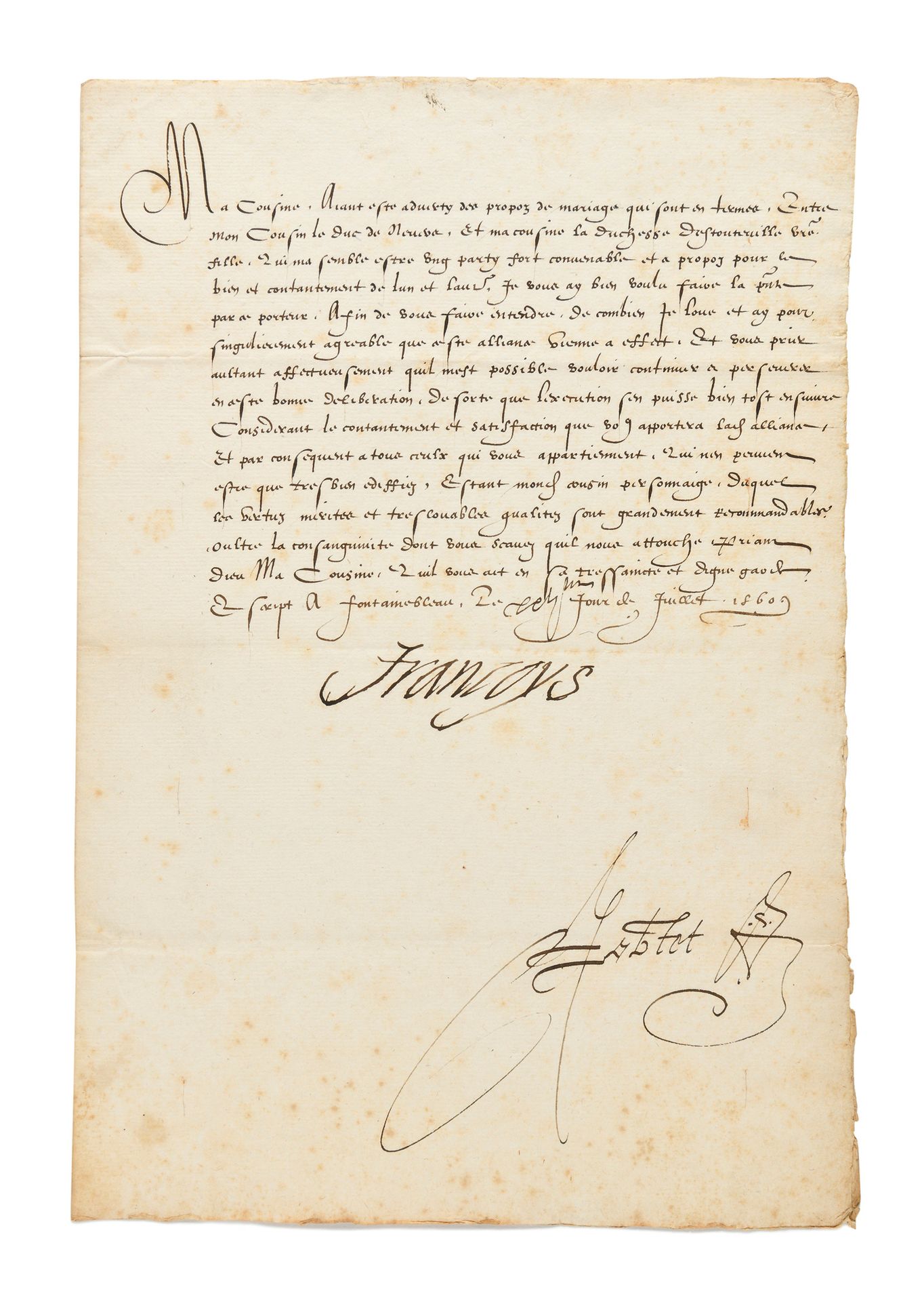 Null FRANÇOIS II. Carta firmada "Françoys", refrendada "Robertet", dirigida a la&hellip;