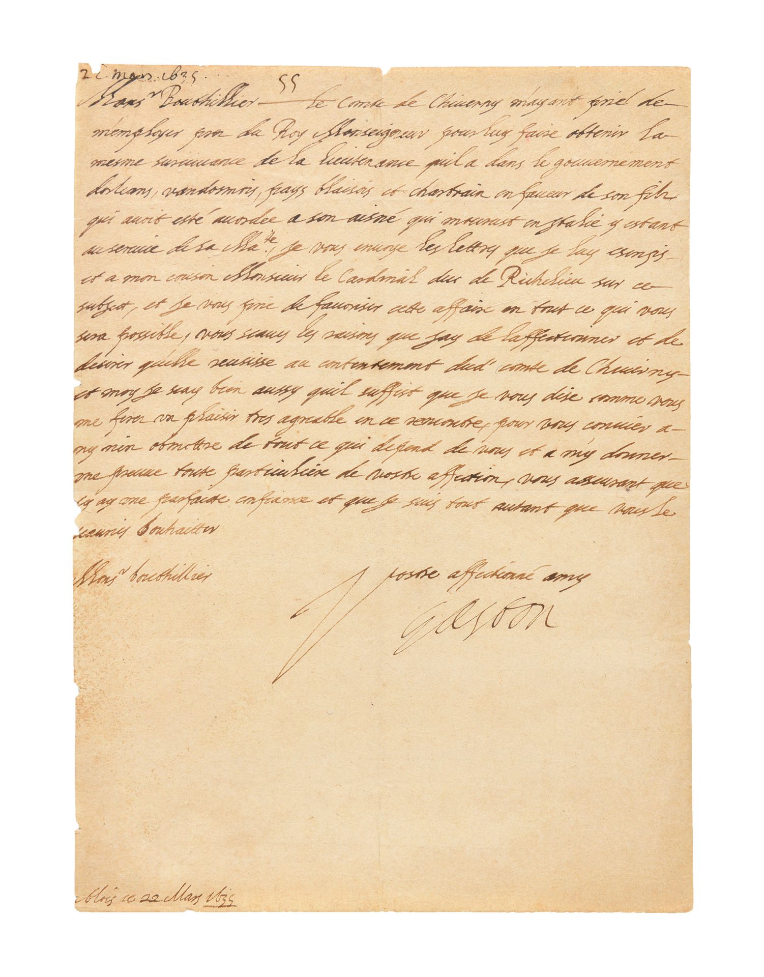 Null ORLÉANS（Gaston d'）。签名为 "Gaston "的亲笔信给他的大法官Léon Bouthillier。布卢瓦，1635年3月22日。4&hellip;