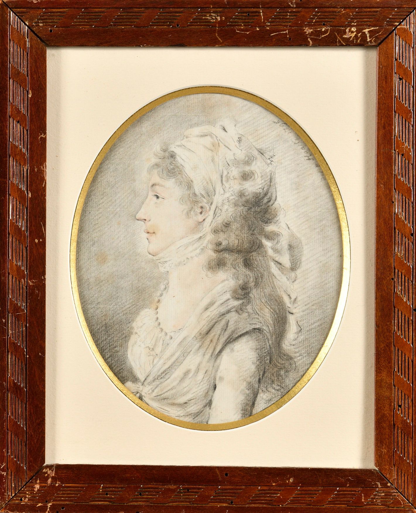Null 
18世纪末的法国学校。

戴着围巾的女人形象

已签名的铅笔和水彩画

"Del P Haache"，日期为1796年。

18.5 x 14 cm&hellip;