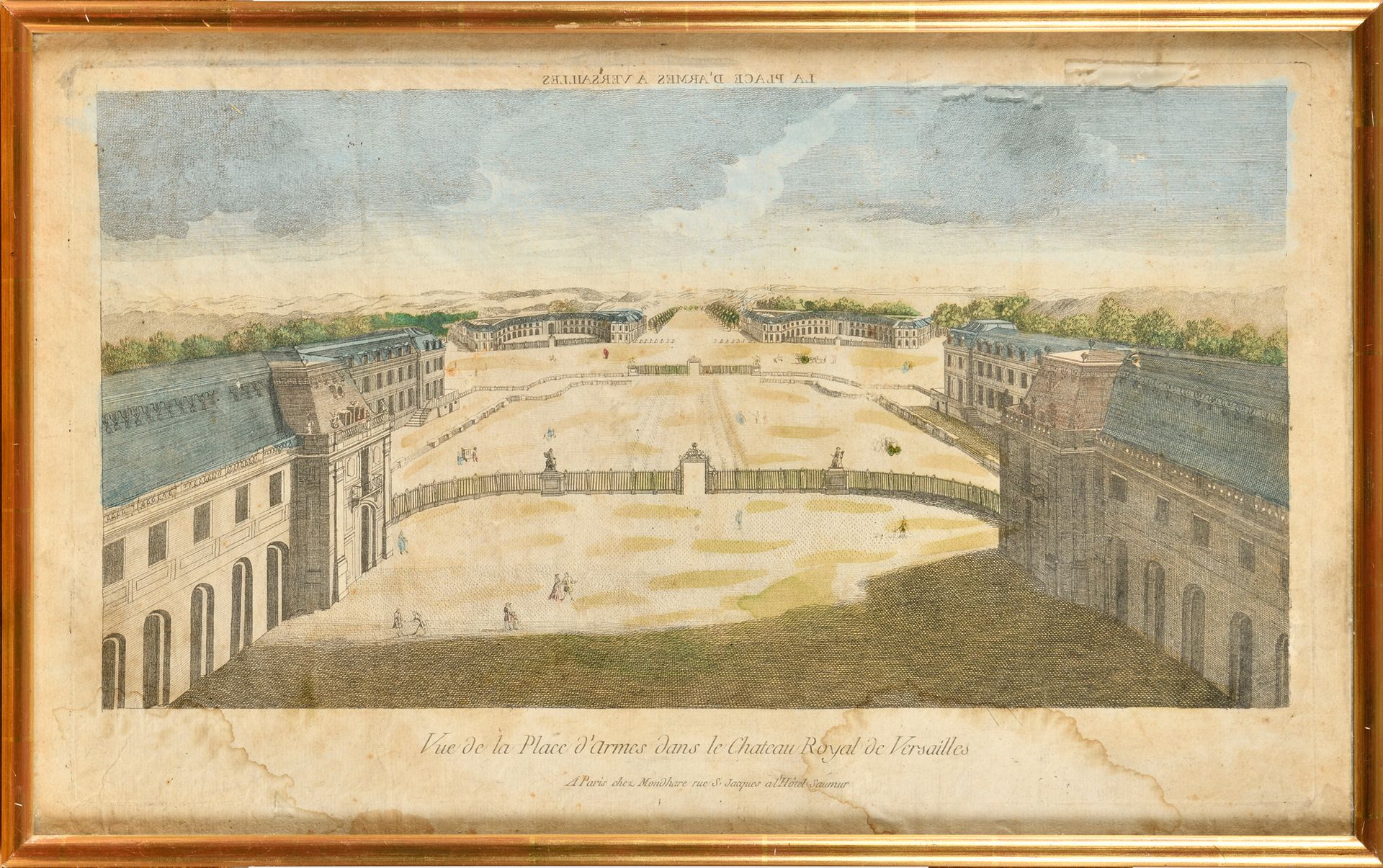Null "凡尔赛皇宫的武器广场景观》 水彩画光学景观。玻璃框架，25 x 43厘米。18世纪。