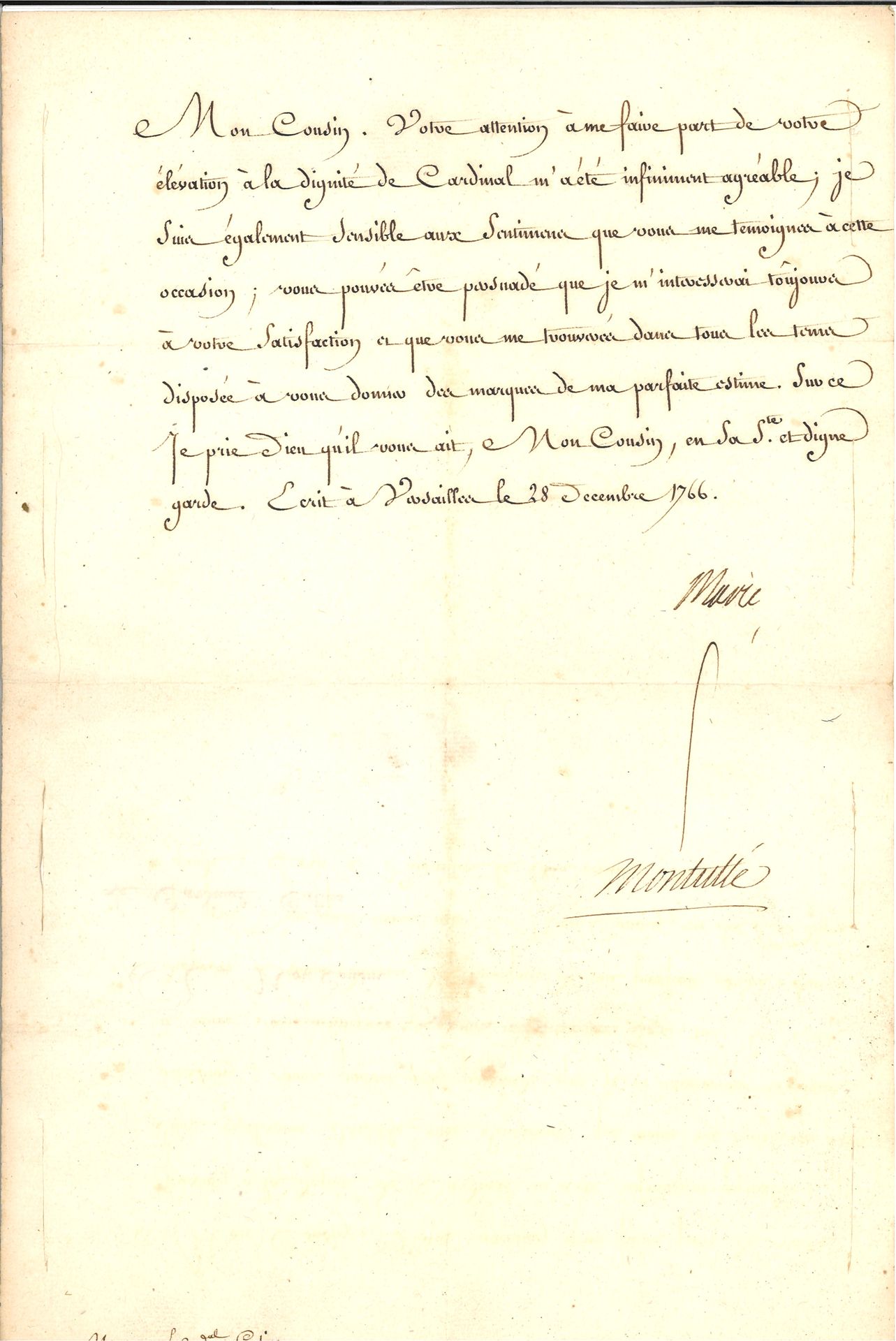 Null Maria Leszczynska.签名为 "玛丽 "的信，由她的指挥部秘书让-巴蒂斯特-弗朗索瓦-德-蒙图莱会签，致红衣主教卢多维科-卡利尼（也叫卡&hellip;