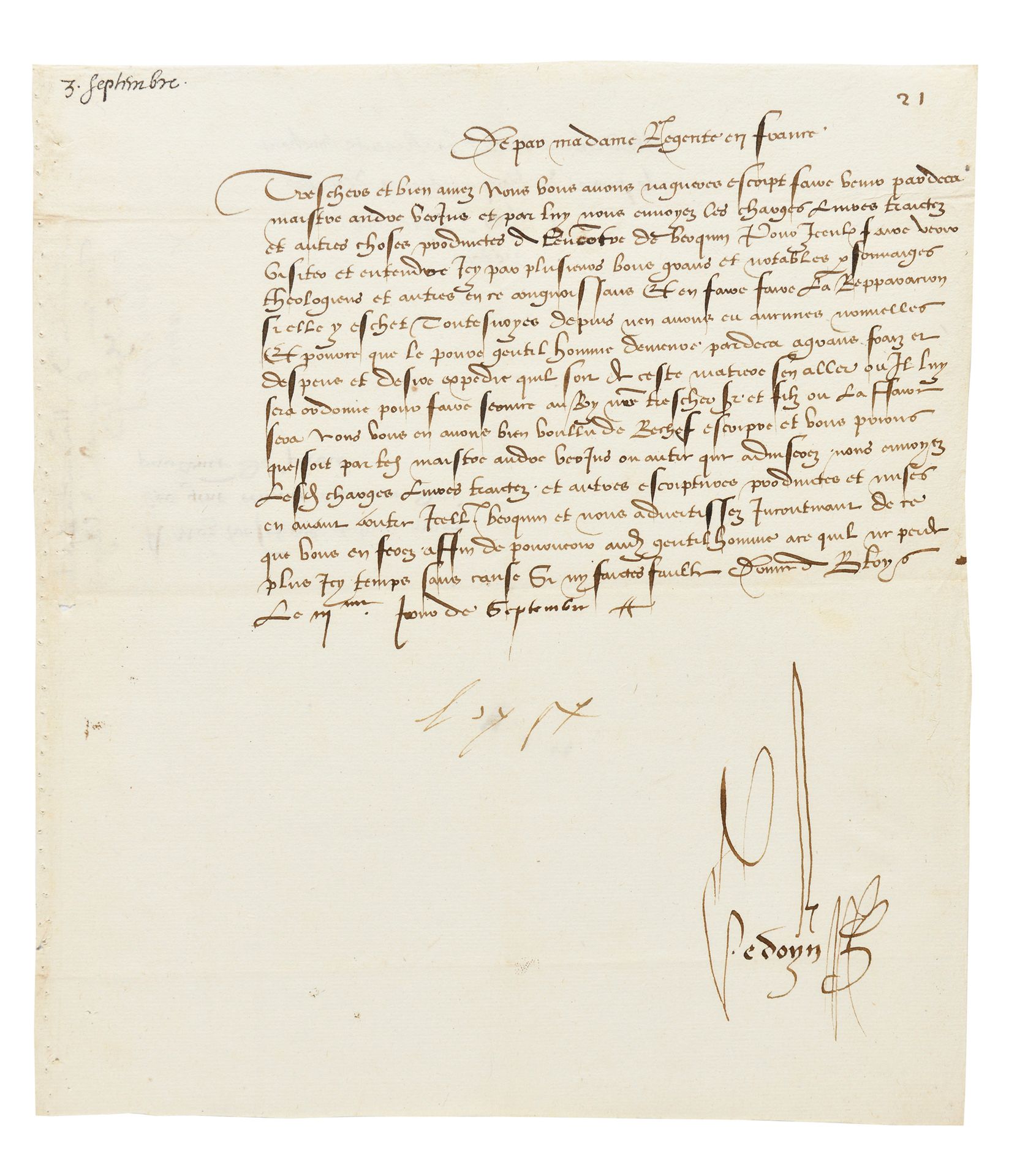 Null 萨瓦的路易丝。以摄政王身份签署的 "Loyse "的信，由国王的秘书Robert Gédoyn会签，致[巴黎议会]。布卢瓦，"九月的第二天"。1页，4&hellip;